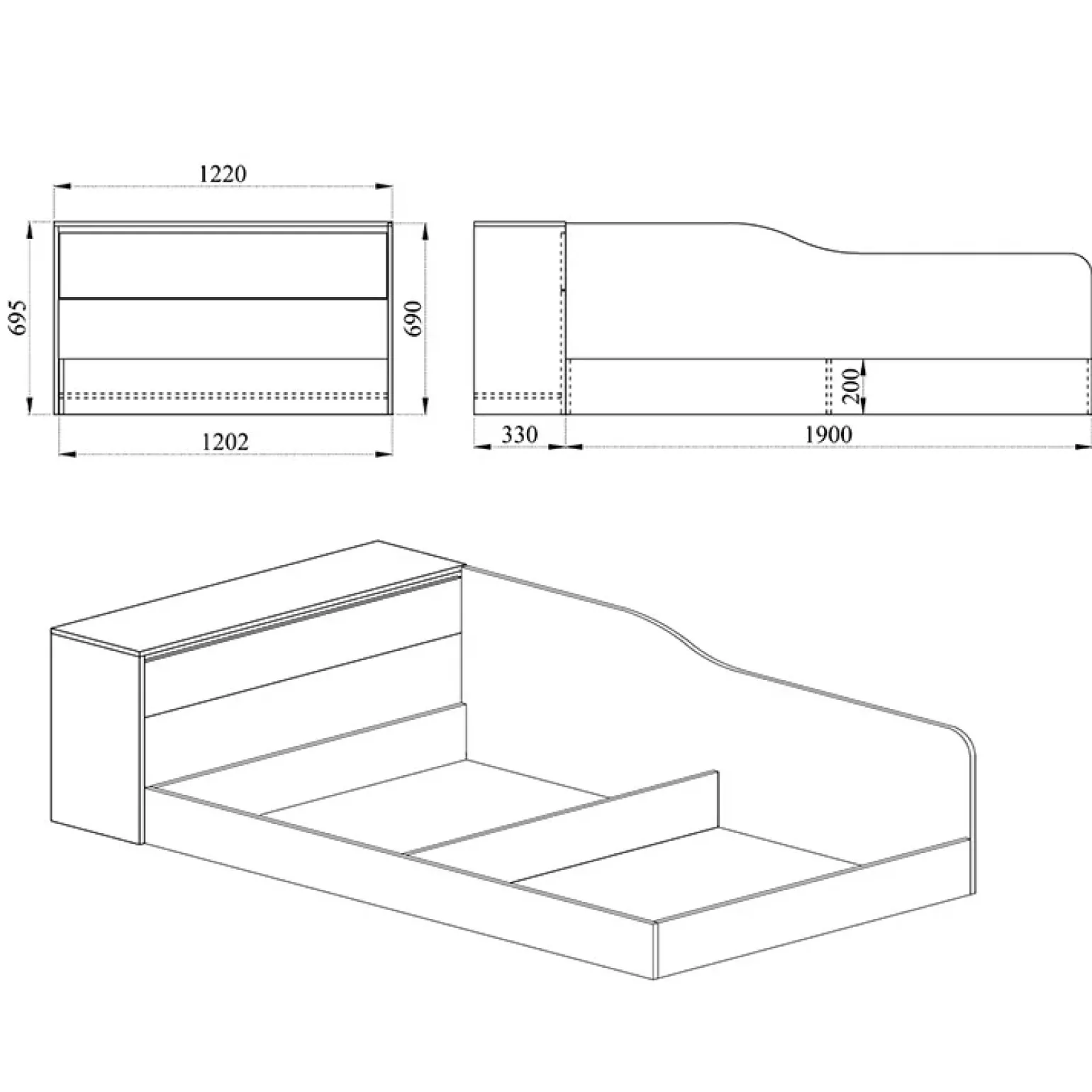 Letto 120x190cm una piazza e mezza contenitore con comò rovere sonoma Joel