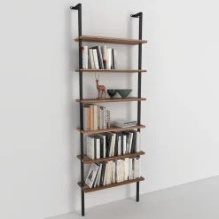 Libreria da parete 60x183h cm con ripiani industrial noce metallo nero Biak