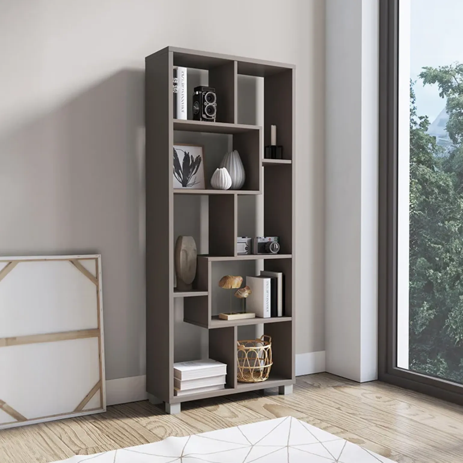Libreria orizzontale 156x74h cm moderna soggiorno multiposizione grigio Eliza