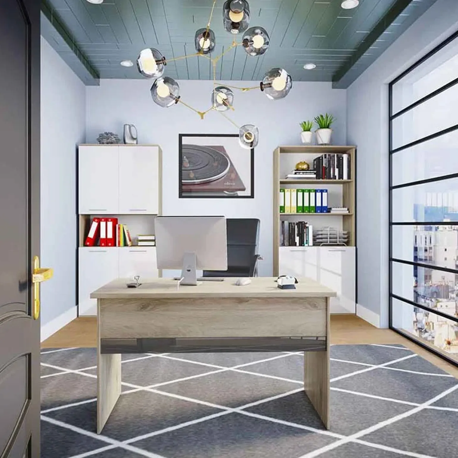 Libreria ufficio 80x176h cm 2 ante rovere bianco lucido Time E