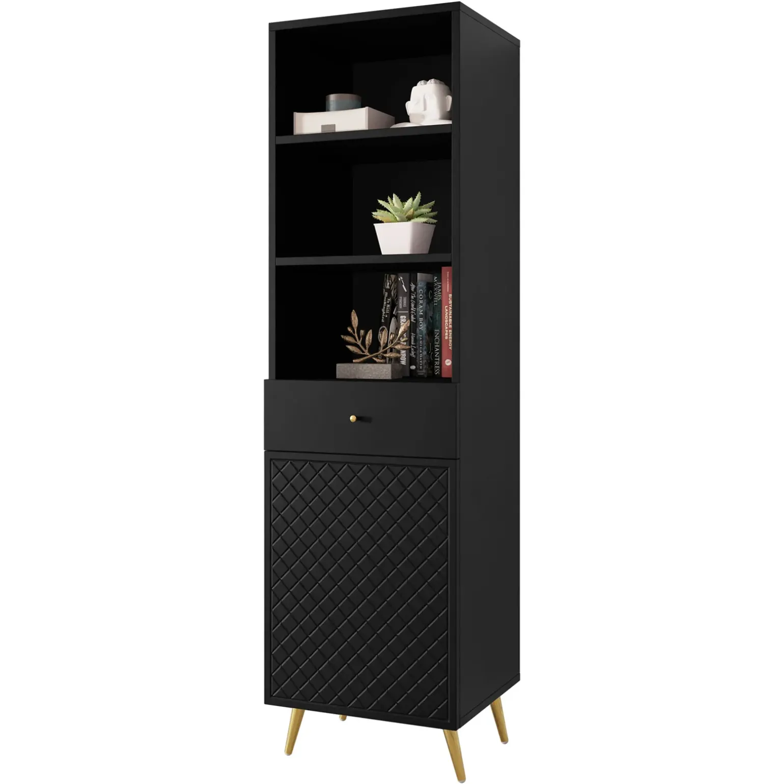 Libreria 50x177h cm 1 anta 3 vani 1 cassetto con frontali decorati nero Simona