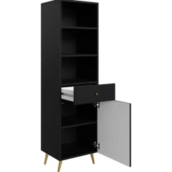 Libreria 50x177h cm 1 anta 3 vani 1 cassetto con frontali decorati nero Simona