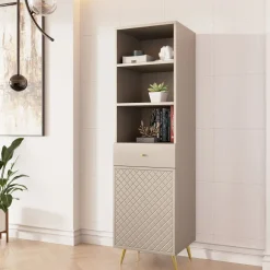 Libreria 50x177h cm 1 anta 3 vani 1 cassetto con frontali decorati beige Simona