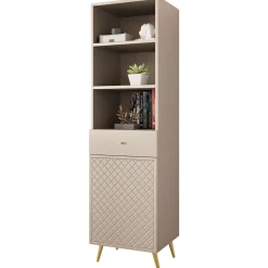 Libreria 50x177h cm 1 anta 3 vani 1 cassetto con frontali decorati beige Simona