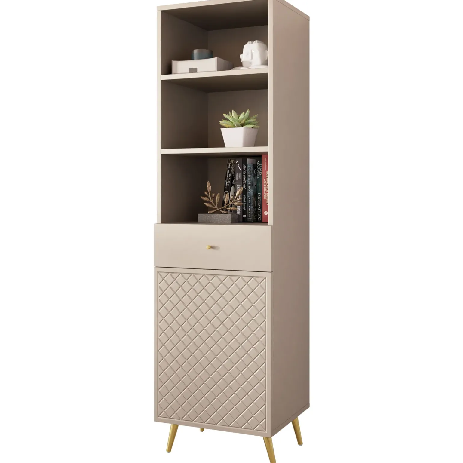 Libreria 50x177h cm 1 anta 3 vani 1 cassetto con frontali decorati beige Simona