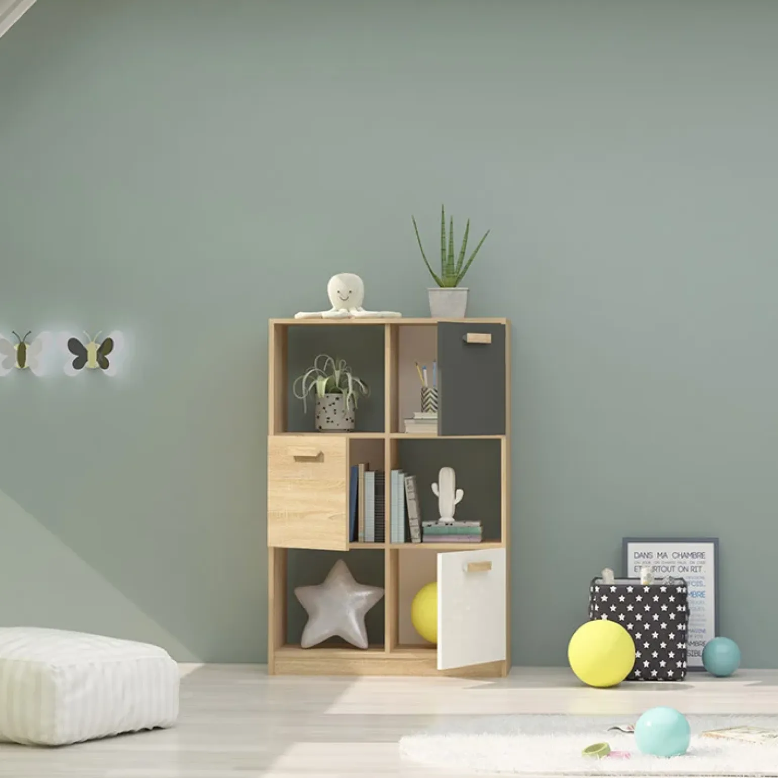 Libreria 80x120h cm 3 ante cameretta rovere antracite bianco Chiaretto