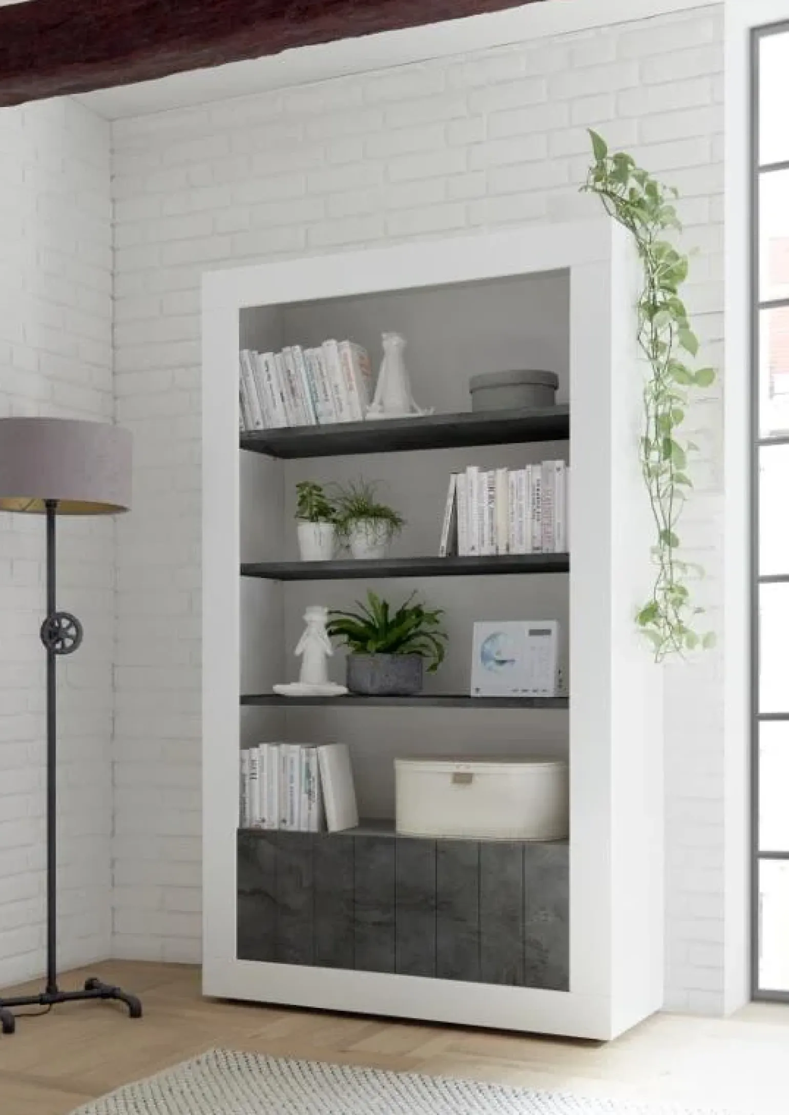 Libreria 110x190h cm 2 ante con ripiani moderna bianco lucido ossido Florena
