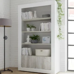 Libreria 110x190h cm 2 ante con ripiani moderna bianco lucido bianco frassinato Florena