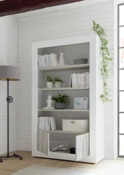 Libreria 110x190h cm 2 ante con ripiani moderna bianco lucido bianco frassinato Florena