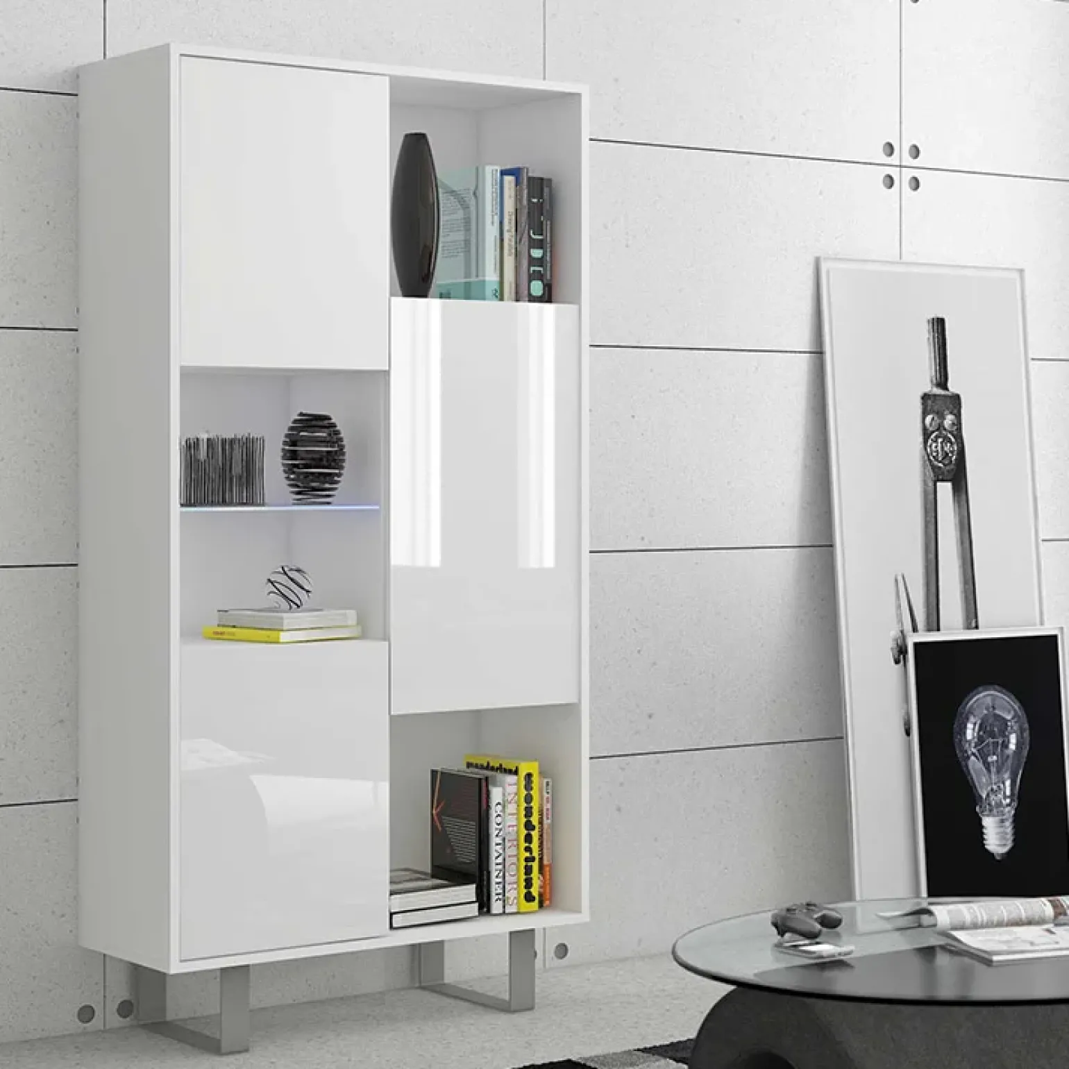 Libreria 80x165h cm 3 ante design moderna bianco opaco e lucido Star