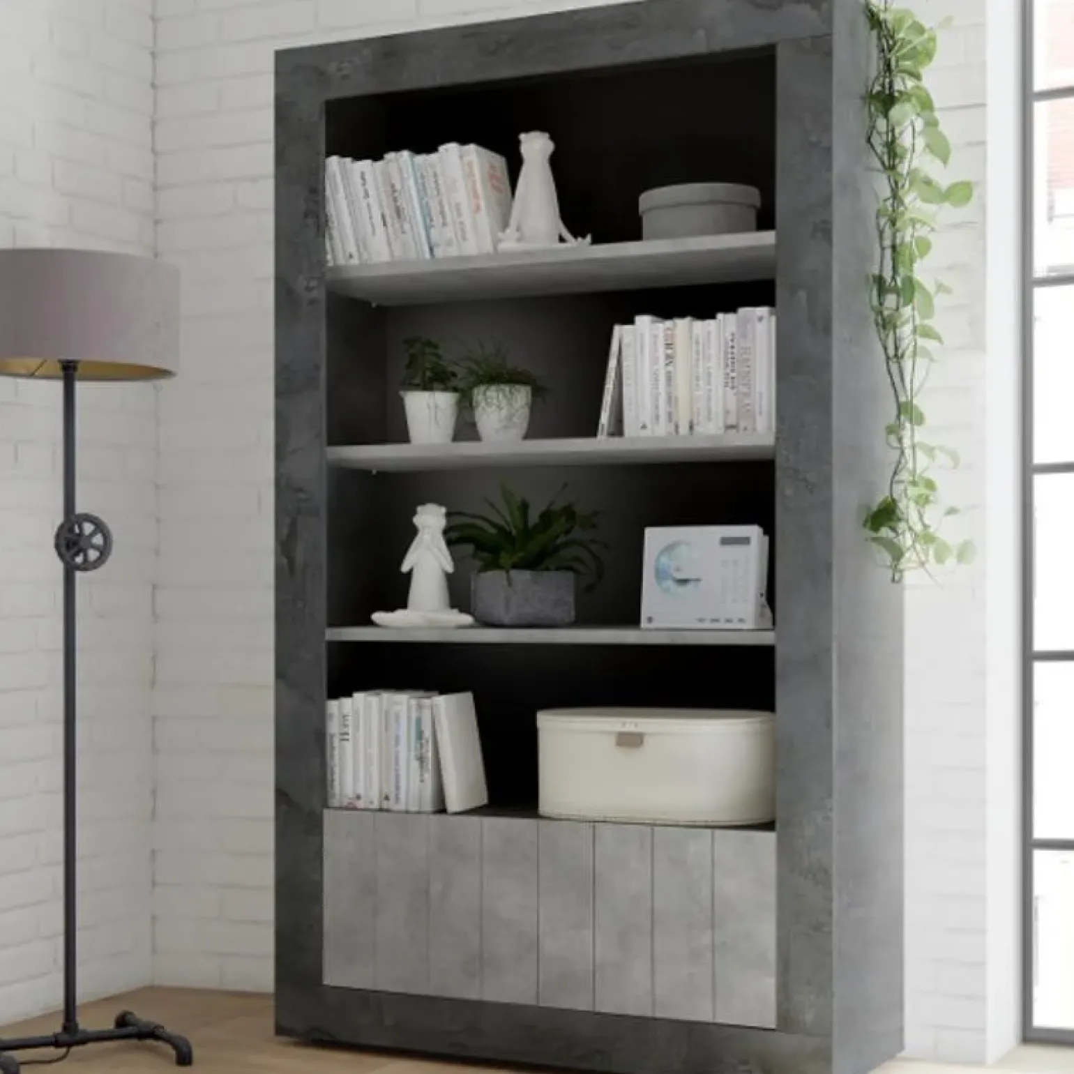 Libreria 110x190h cm 2 ante moderna ossido cemento Florena