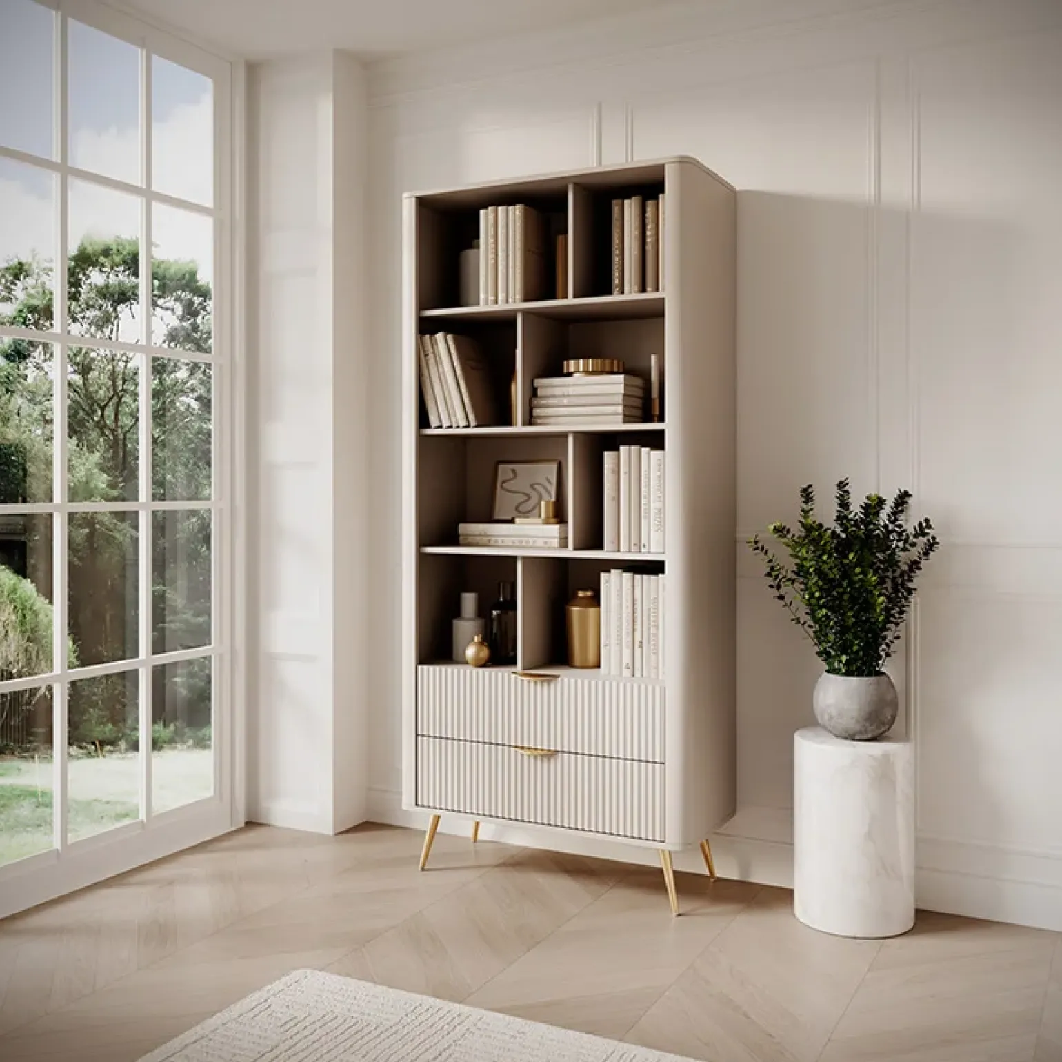 Libreria 88x194h cm 2 cassetti 8 vani a giorno beige cannettato Ramis
