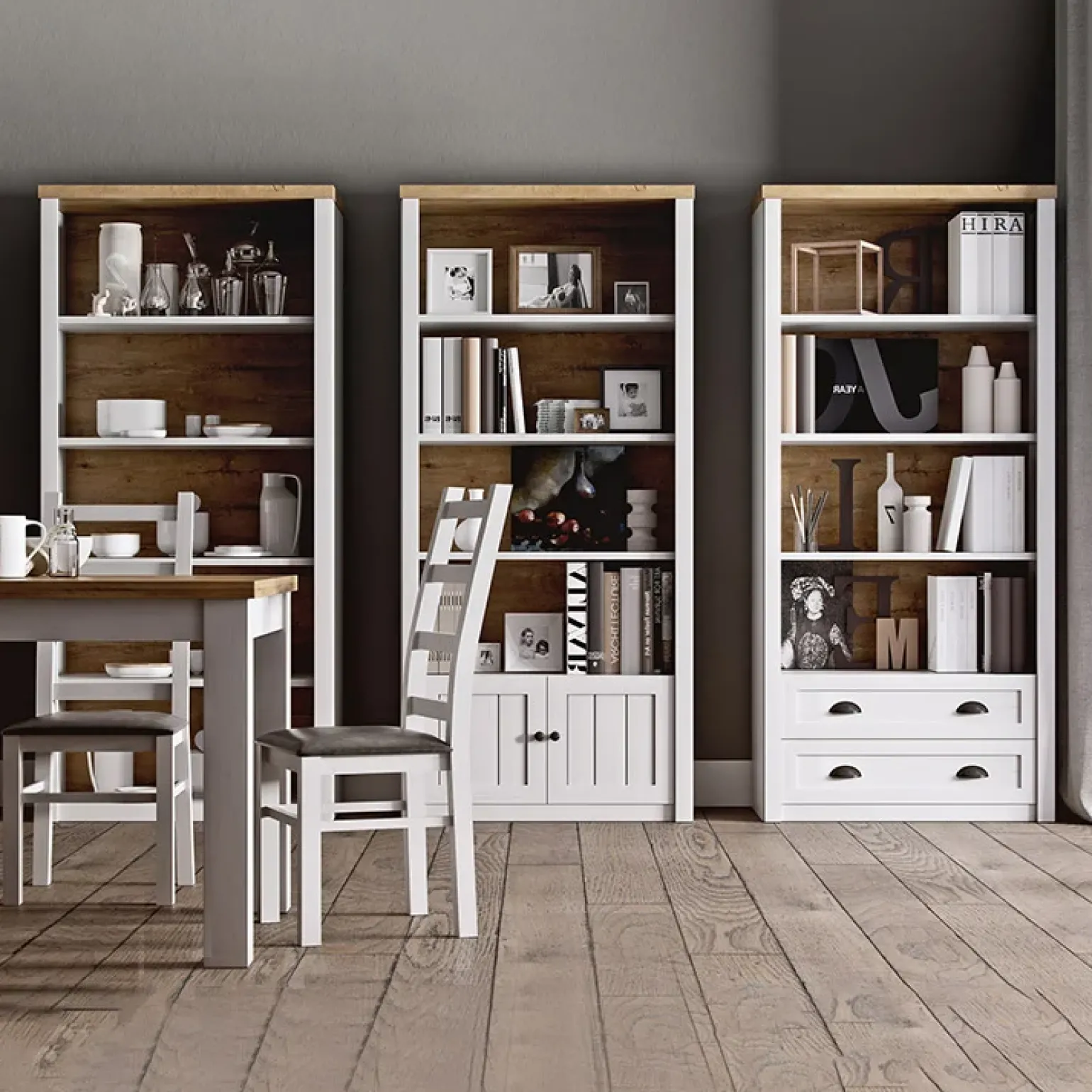 Libreria 90x198h cm 4 ripiani 2 cassetti bianco frassinato rovere Provenza