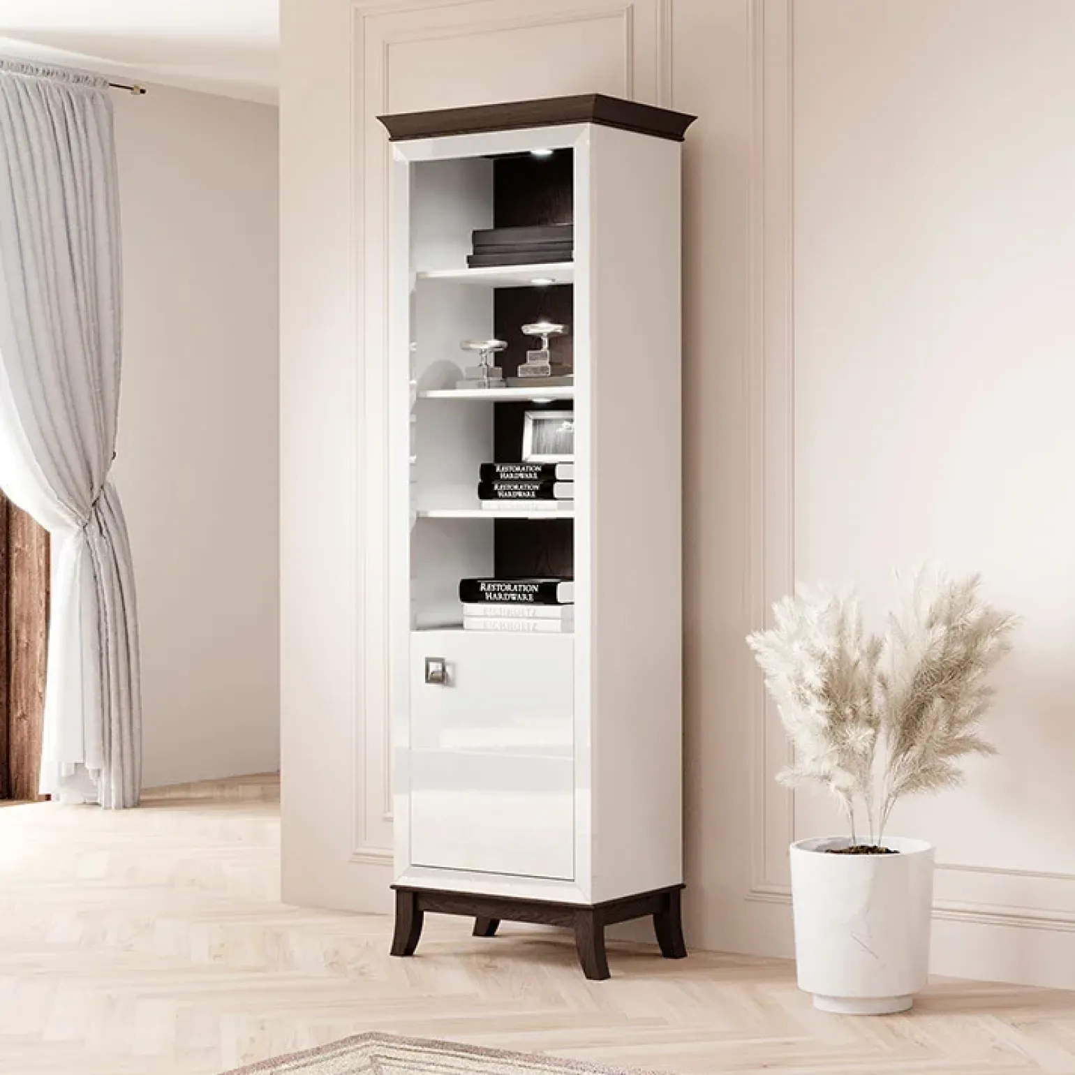 Libreria 66x207h cm 4 ripiani moderna bianco lucido rovere scuro Umag