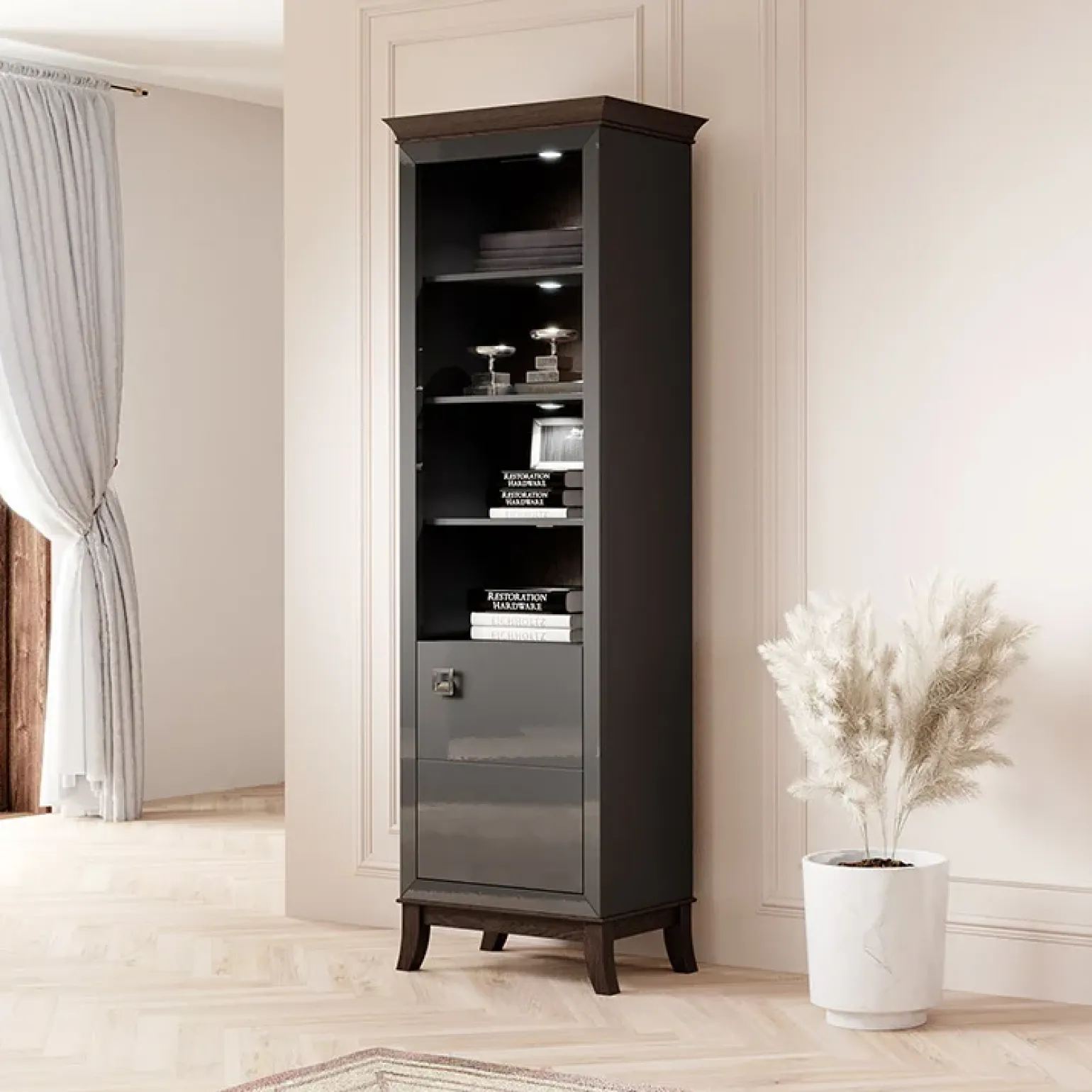 Libreria 66x207h cm 4 ripiani moderna antracite lucido rovere scuro Umag