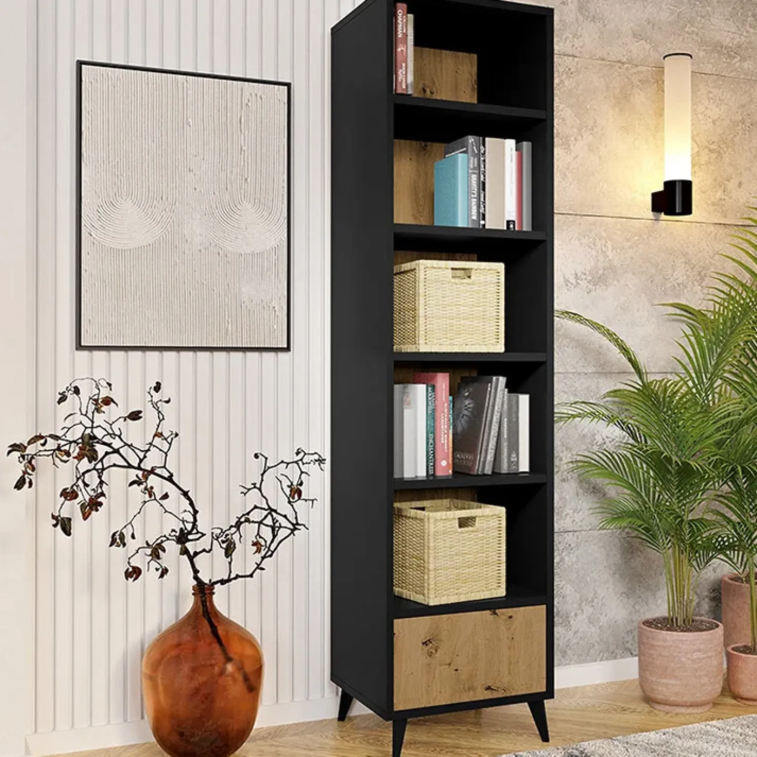 Libreria 50x192h cm 5 vani a giorno 1 cassetto rovere nero Hans