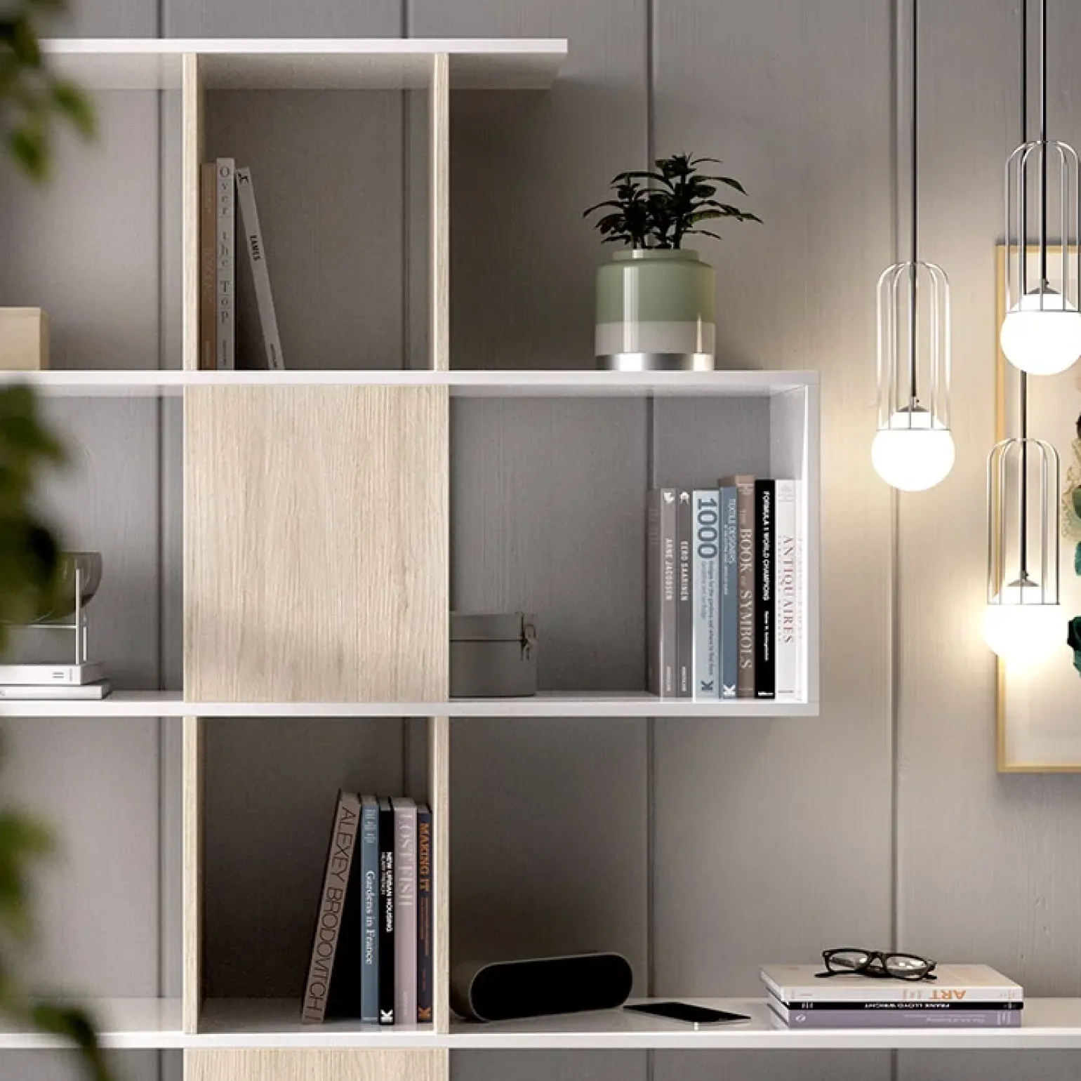 Libreria 145x145h cm moderna bianco rovere natura Snake