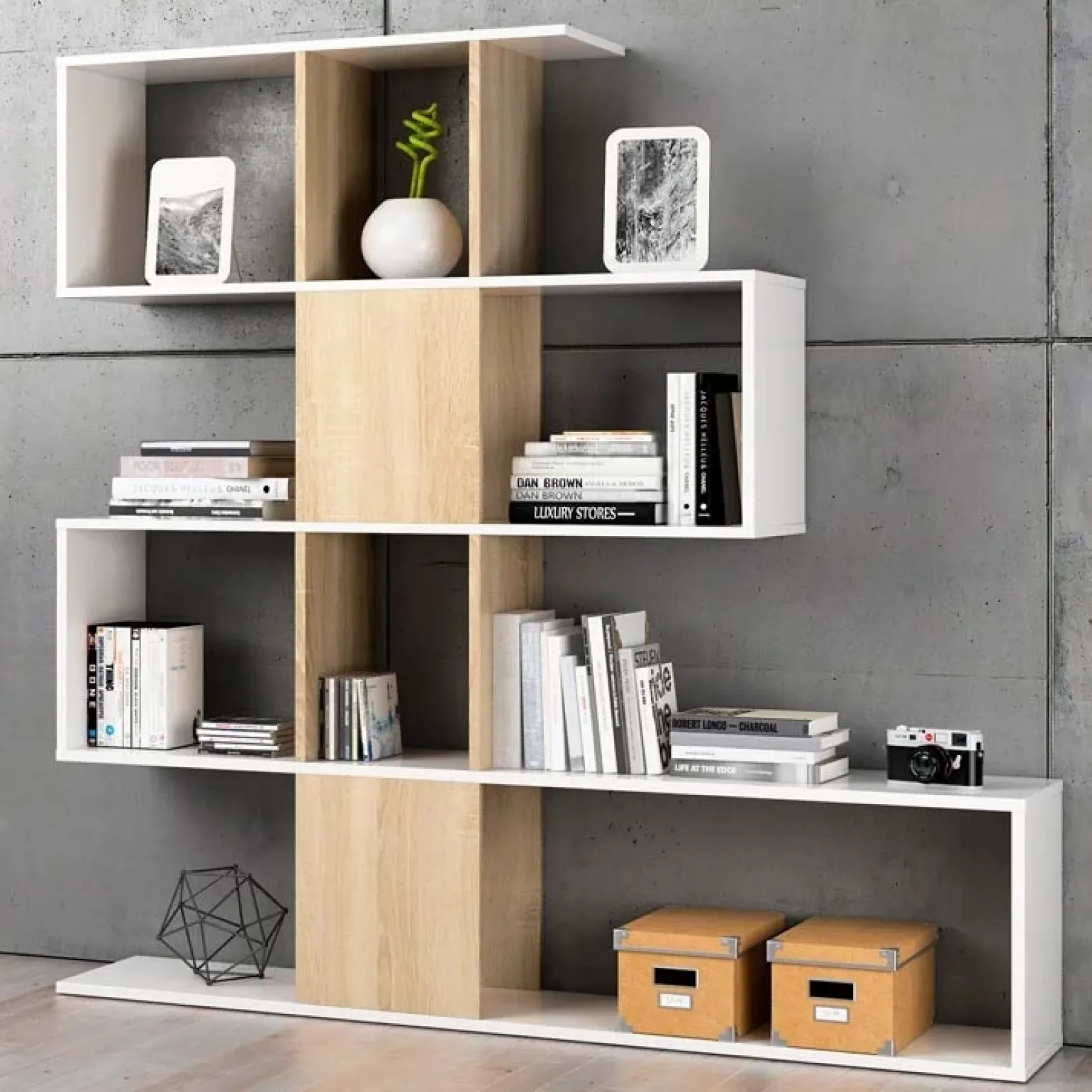 Libreria 145x145h cm moderna bianco rovere natura Snake