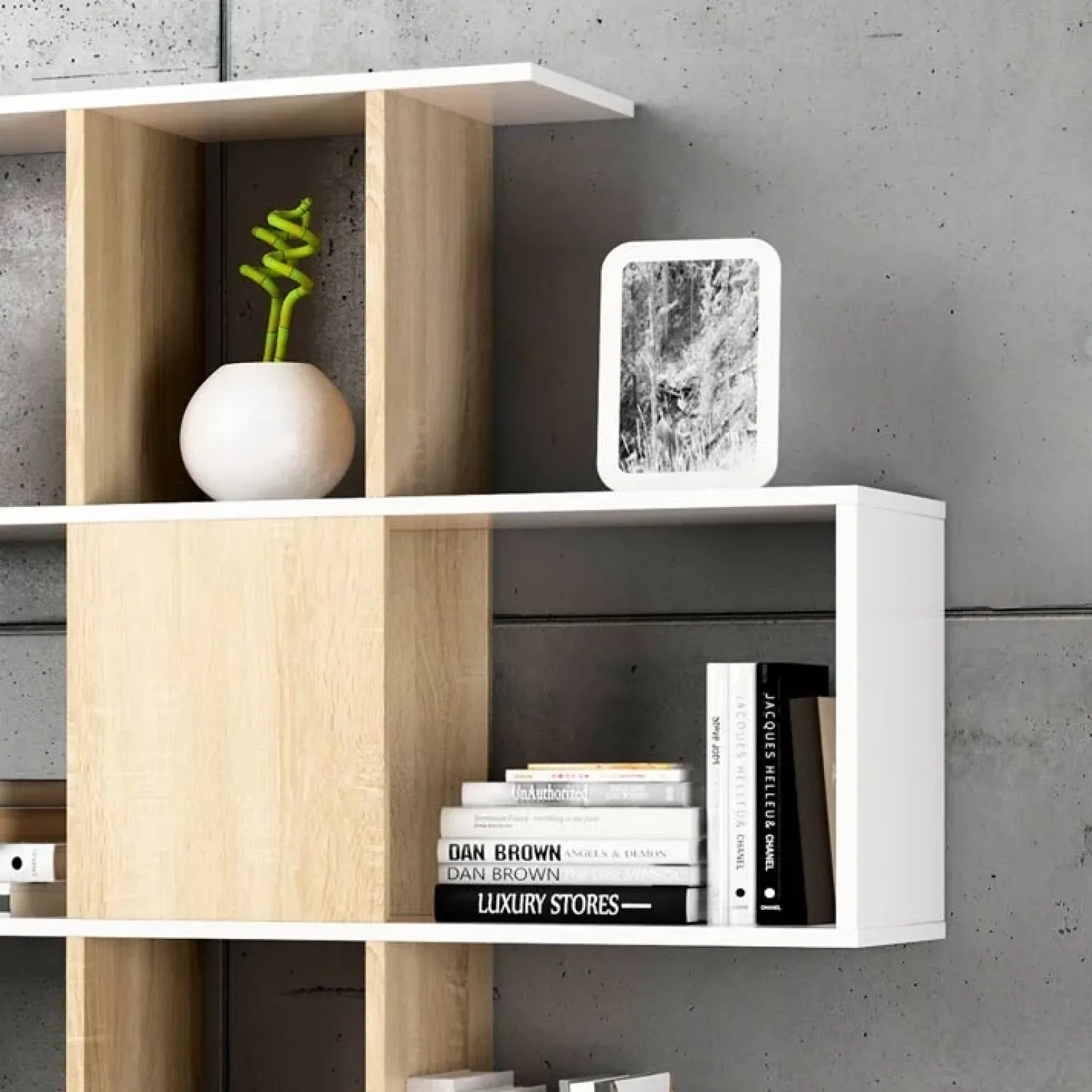 Libreria 145x145h cm moderna bianco rovere natura Snake