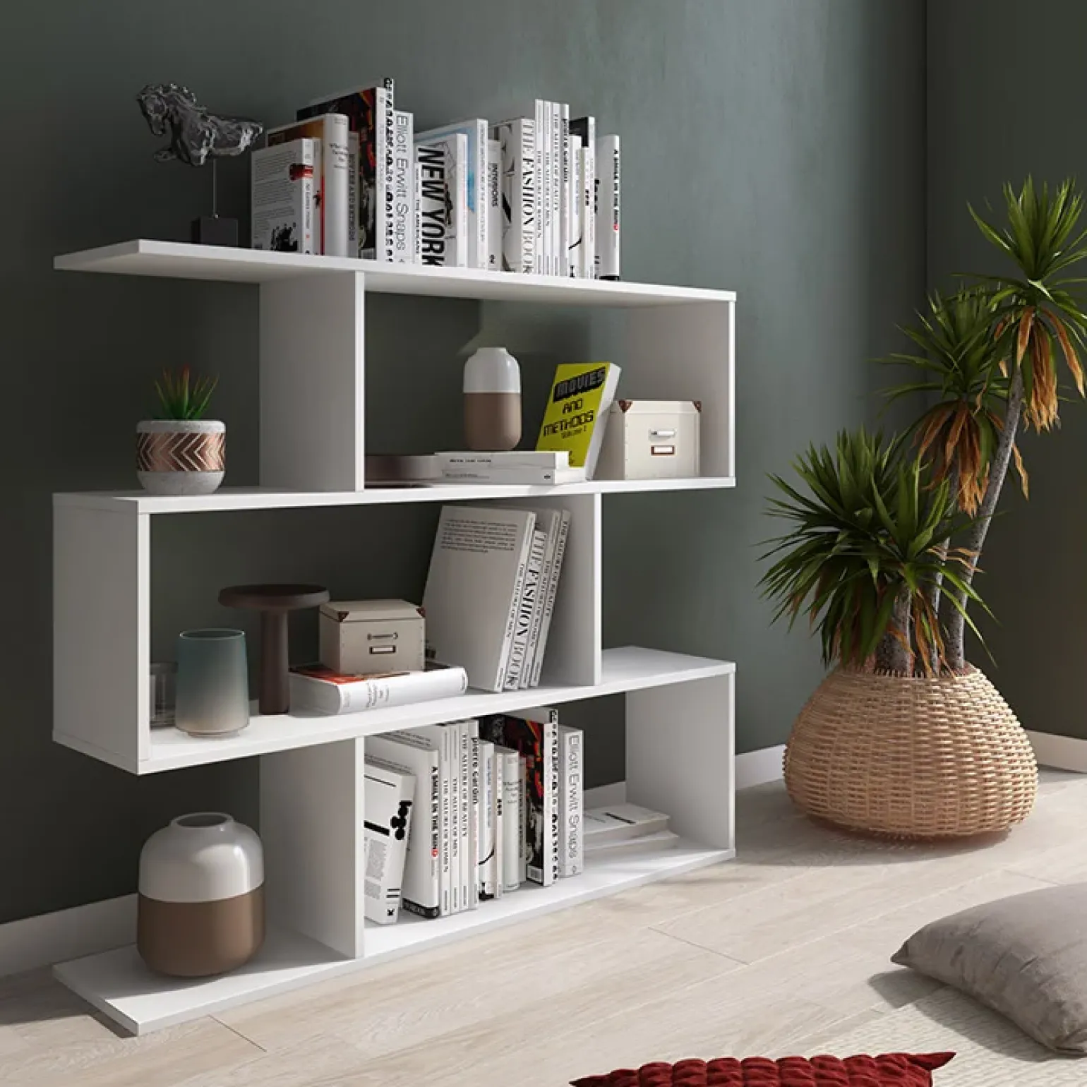 Libreria 110x96h cm moderna soggiorno design bianco opaco Janna
