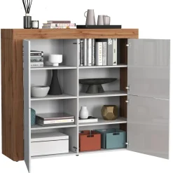 Madia alta moderna 140x130h cm bianco lucido rovere Block