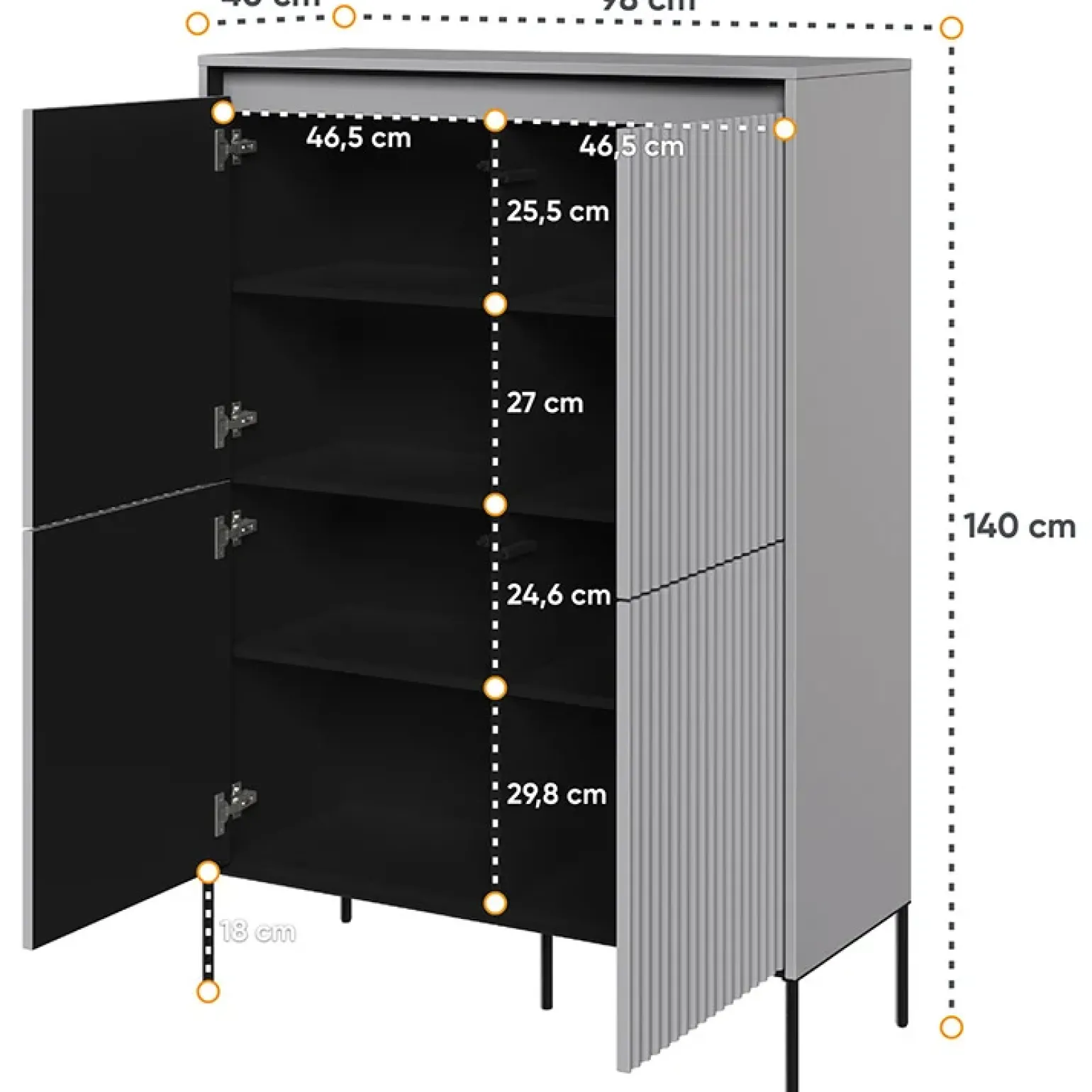 Madia alta 98x140h cm 4 ante con led cannettato grigio nero Camelia