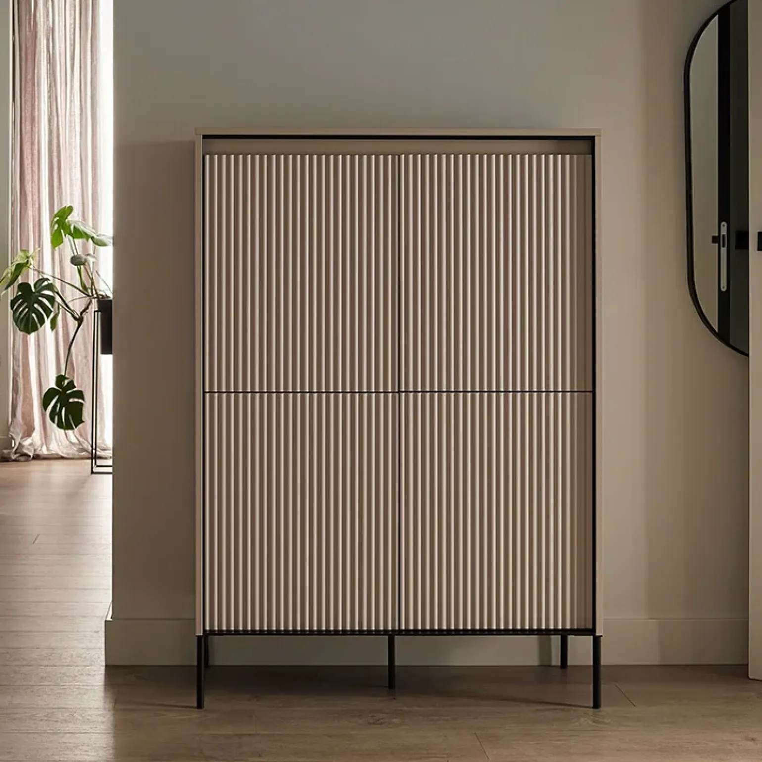 Madia alta 98x140h cm 4 ante con led cannettato beige nero Camelia