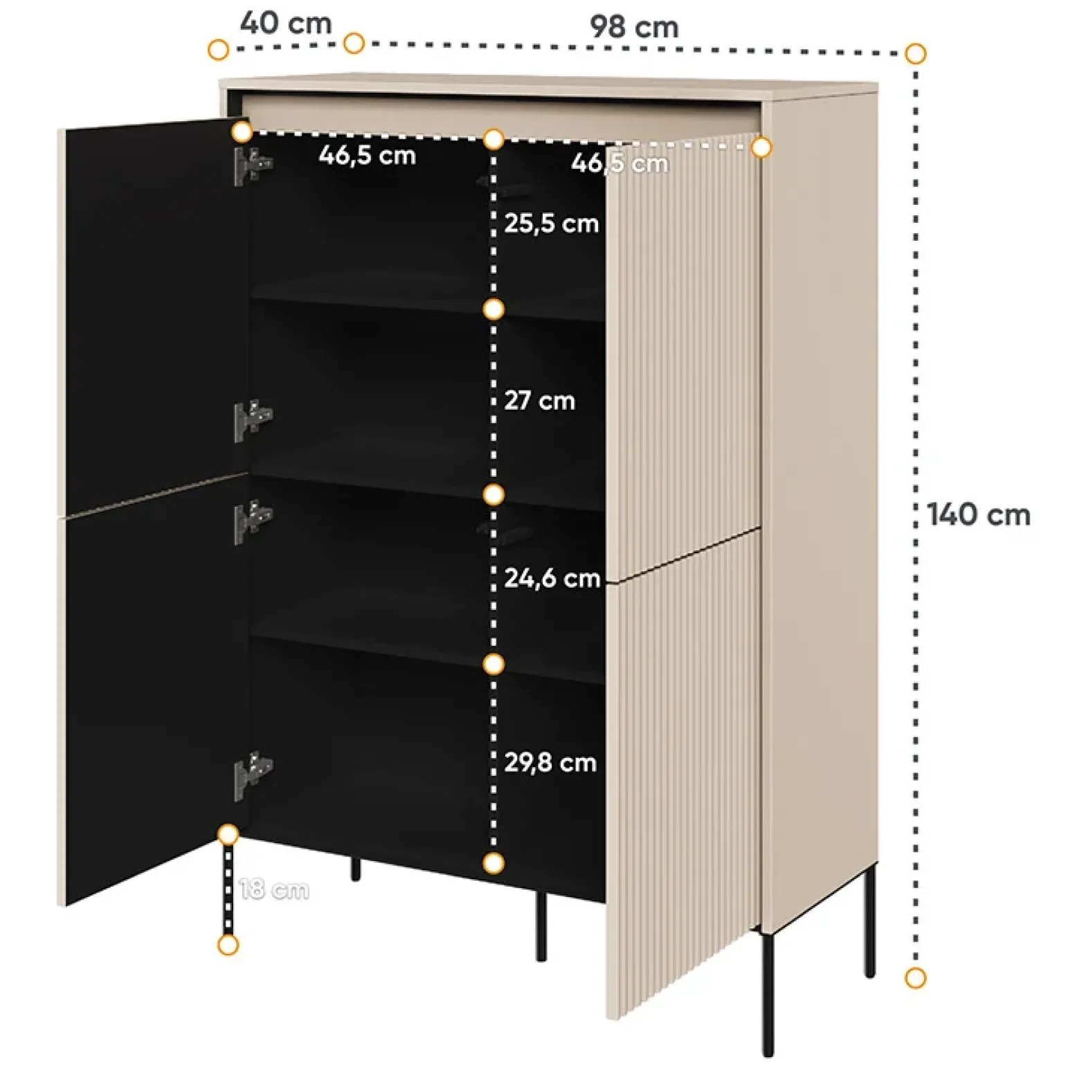 Madia alta 98x140h cm 4 ante con led cannettato beige nero Camelia