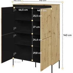 Madia alta 98x140h cm 4 ante con led cannettato rovere rustico nero Camelia