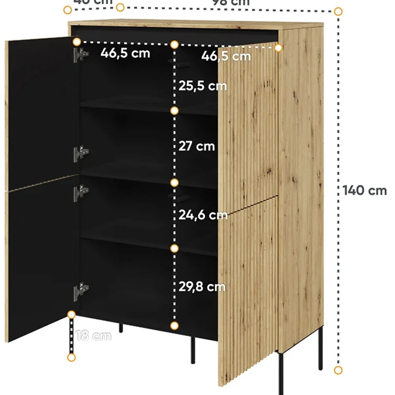 Madia alta 98x140h cm 4 ante con led cannettato rovere rustico nero Camelia