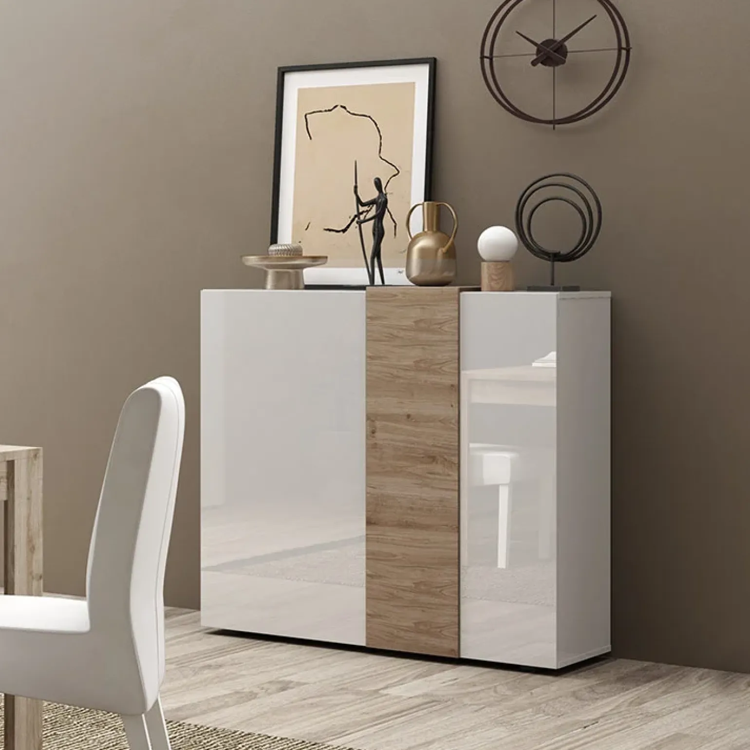 Madia alta 121x113h cm 2 ante moderna bianco lucido rovere Universal