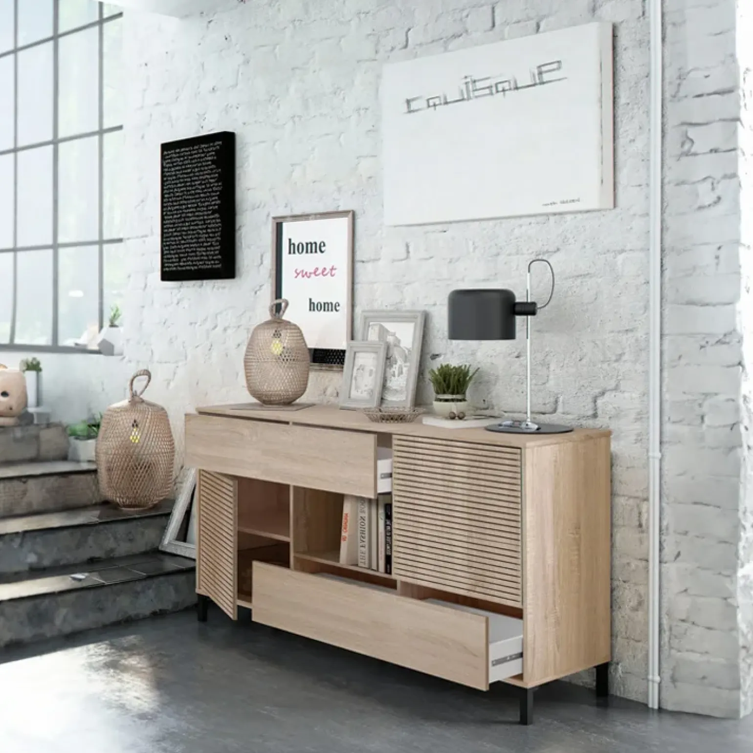 Madia moderna 151x80h cm 2 ante industrial rovere cannettato Lopez