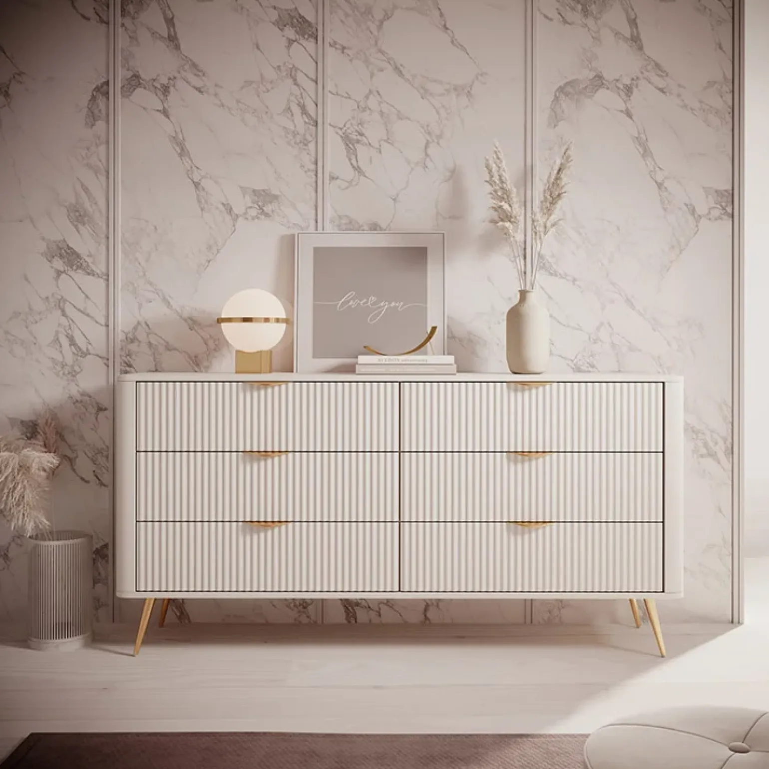 Madia moderna 163x81h cm 6 cassetti moderna beige cannettato Ramis