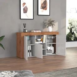 Madia moderna 155x85h cm bianco lucido rovere Block
