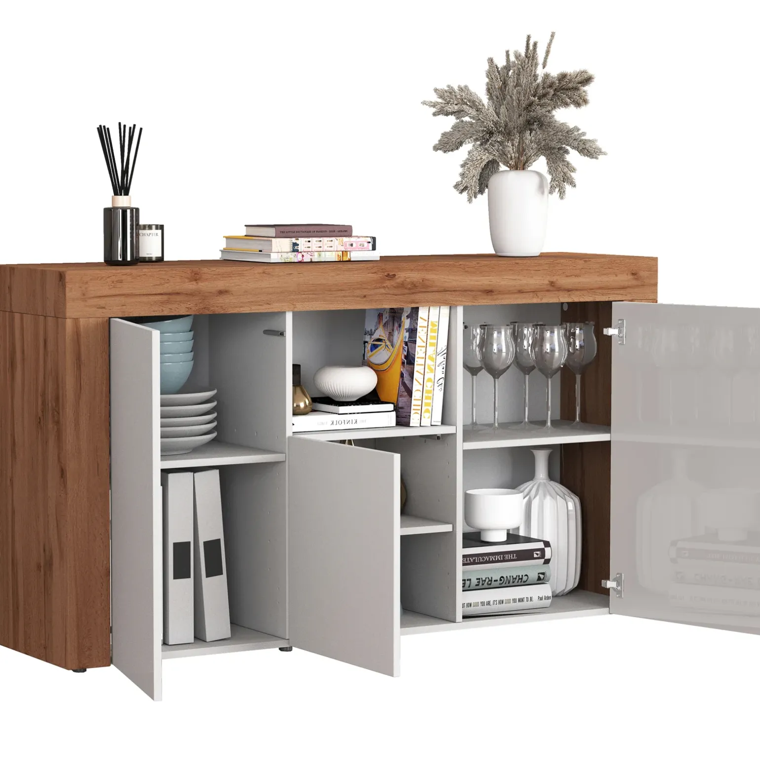 Madia moderna 155x85h cm bianco lucido rovere Block