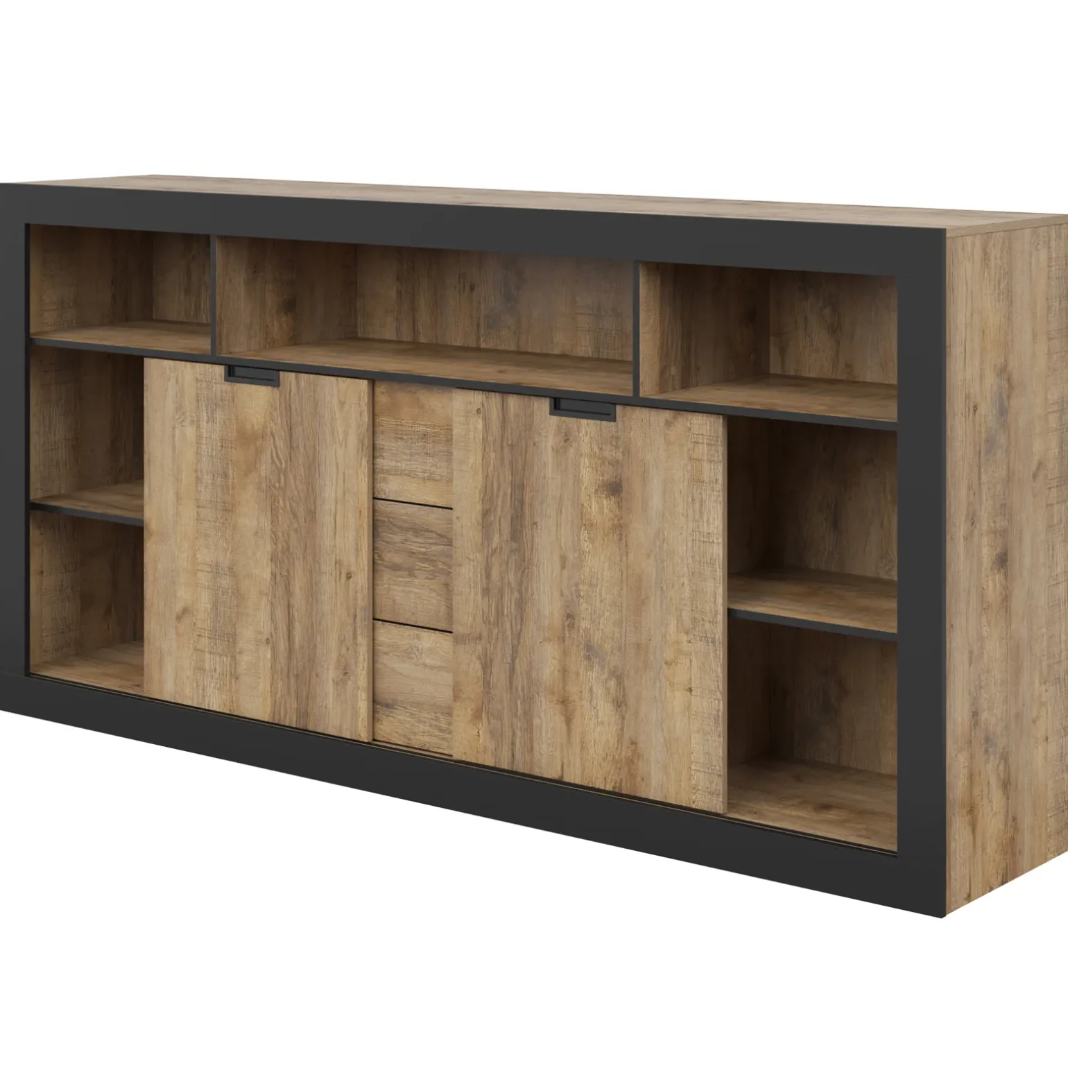 Madia 220x110 h cm 2 ante 3 cassetti 6 vani a giorno rovere rustico nero Ilyssa
