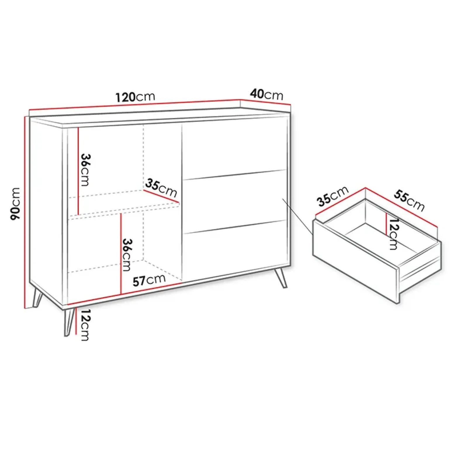 Madia 120x90h cm 1 anta 3 cassetti rovere nero Hans