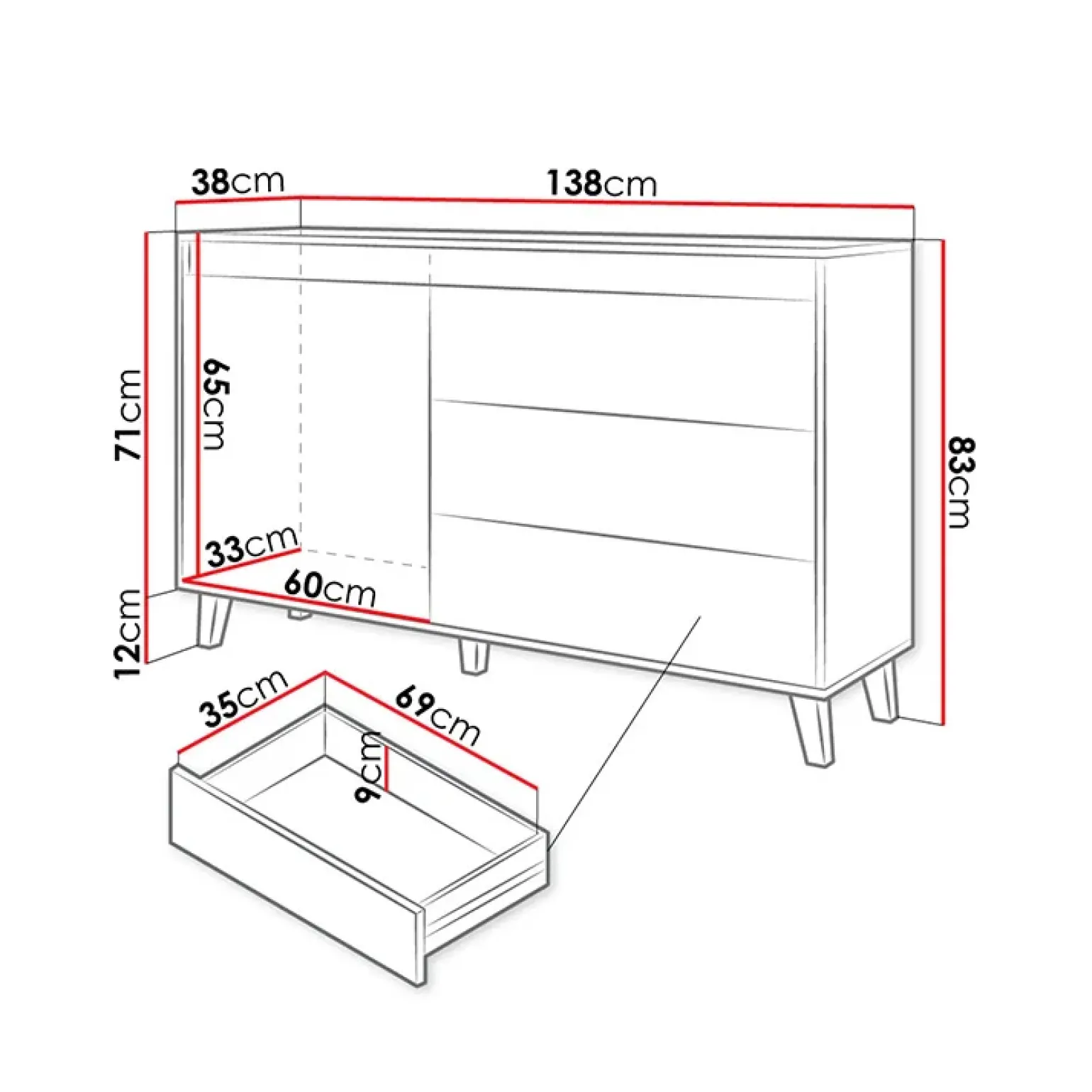 Madia 138x83h cm 1 anta 3 cassetti rovere antracite Salisburgo