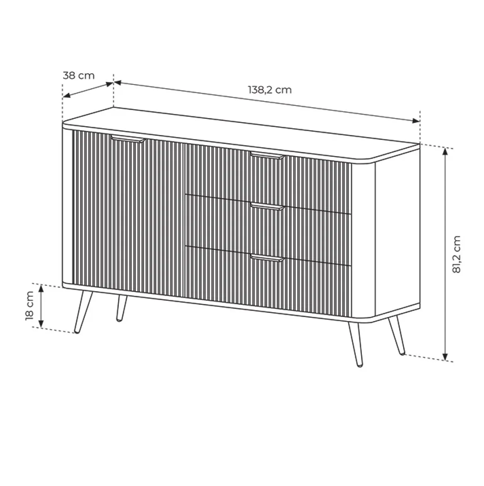 Madia 138x81h cm 1 anta 3 cassetti nero opaco cannettato Ramis