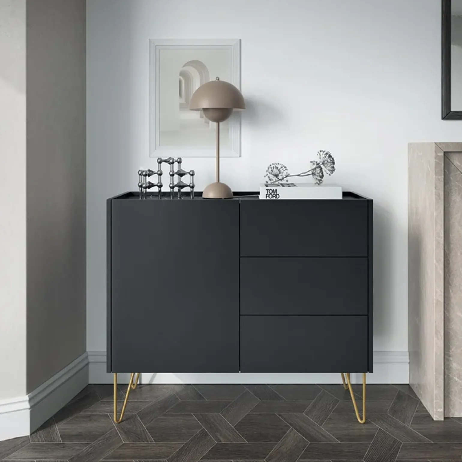 Madia 97x83h cm 1 anta 3 cassetti moderna nero effetto marmo Sirena