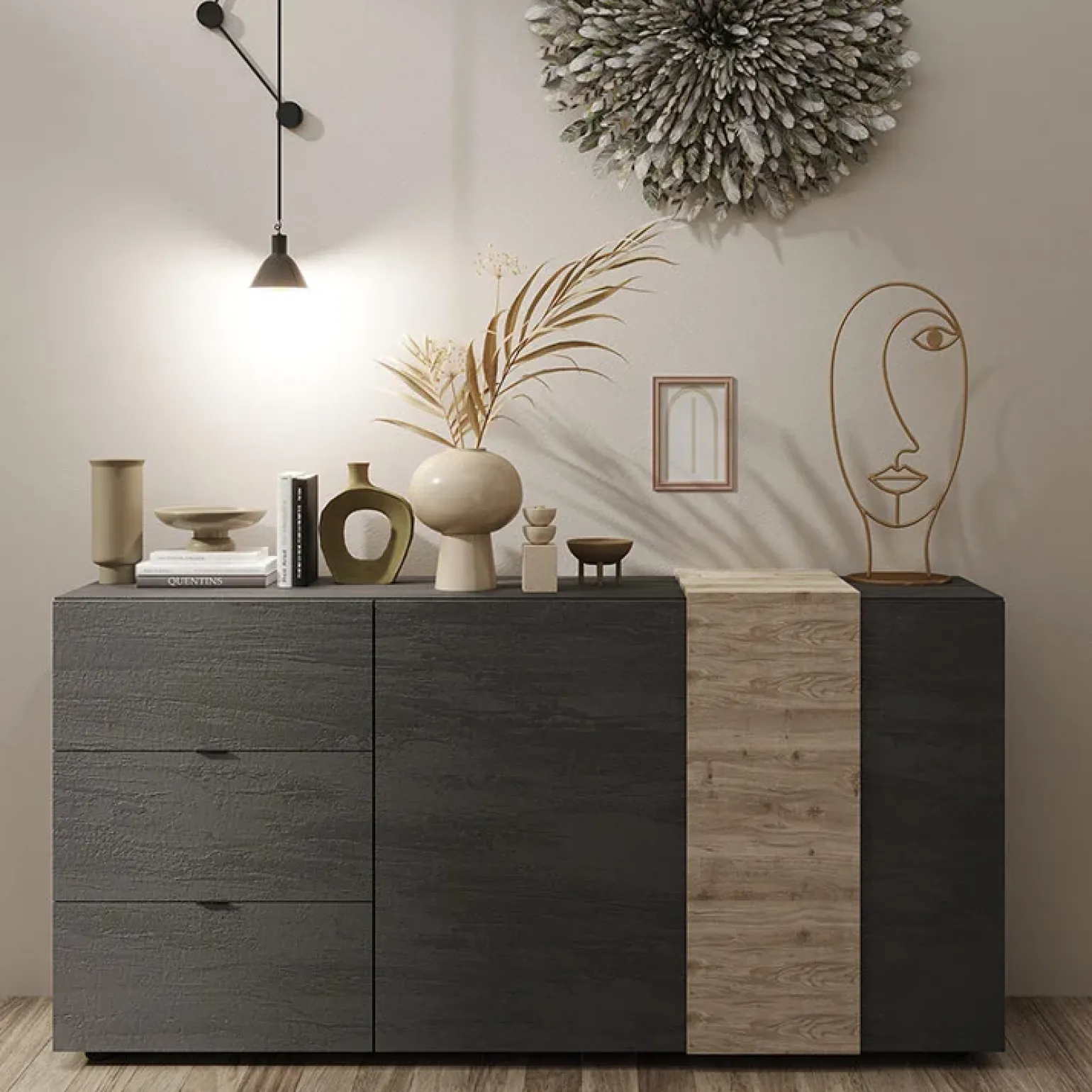 Madia 181x86h cm 2 ante 3 cassetti moderna titanio rovere Universal