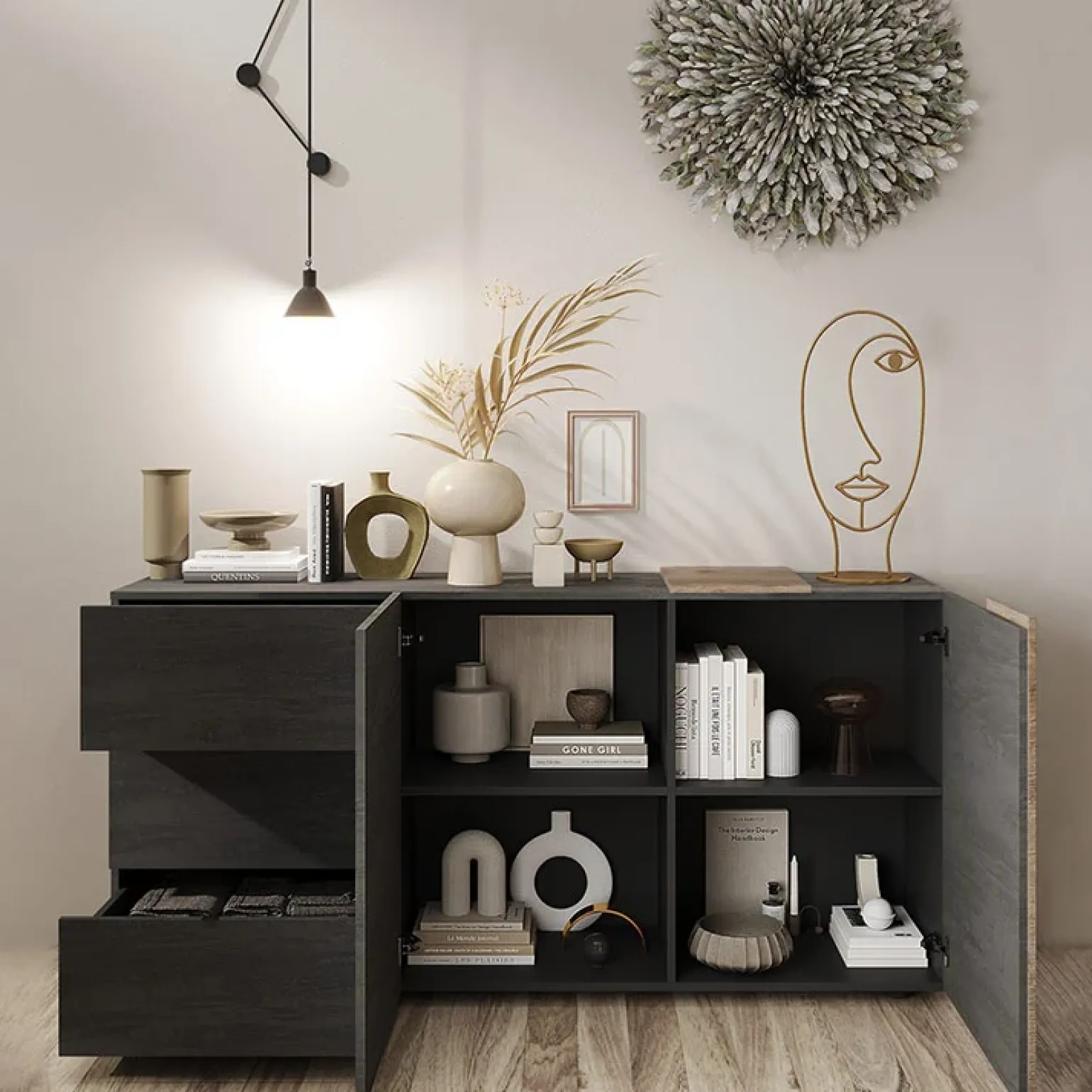 Madia 181x86h cm 2 ante 3 cassetti moderna titanio rovere Universal