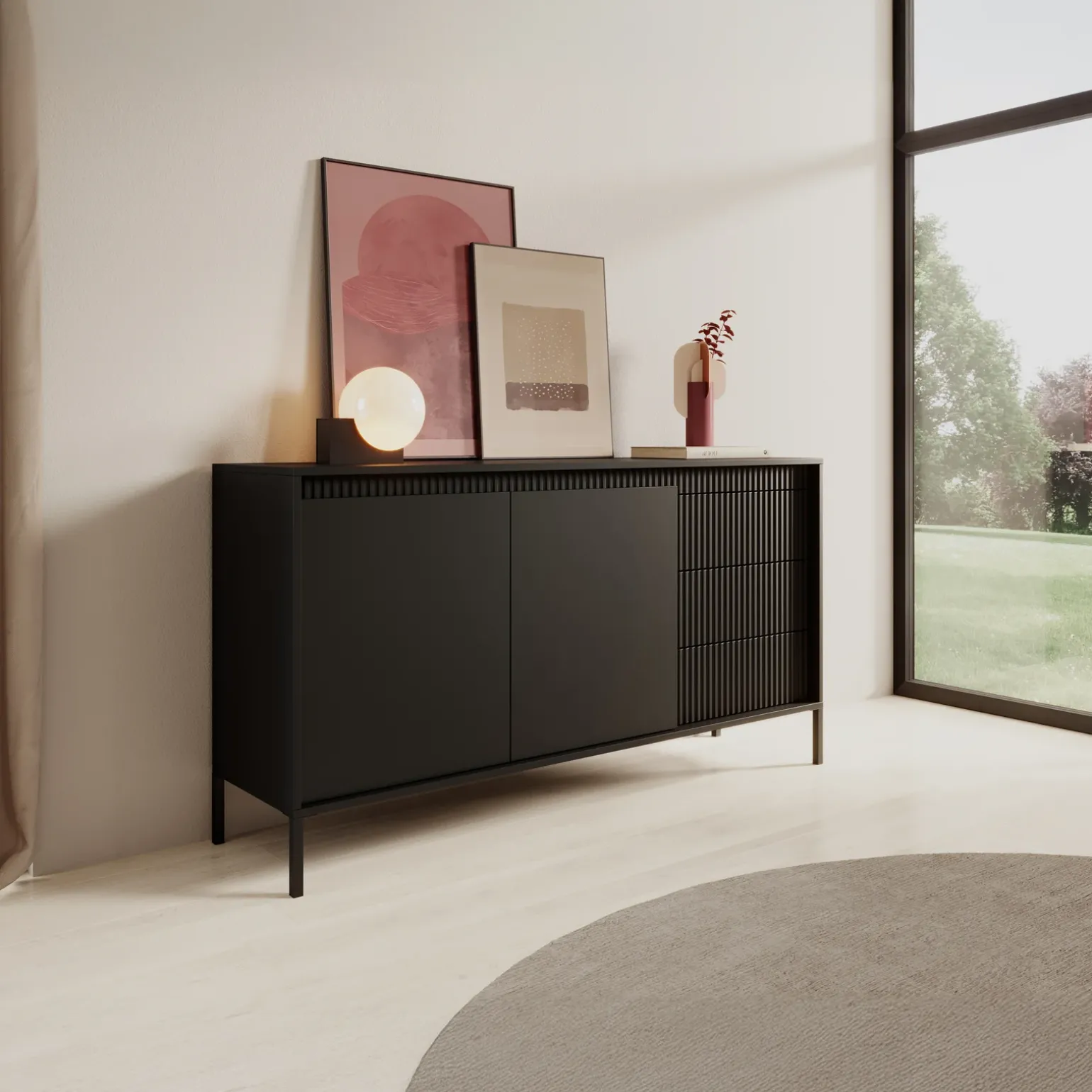 Madia 154x82h cm 2 ante 3 cassetti nero opaco cannettato Ciar