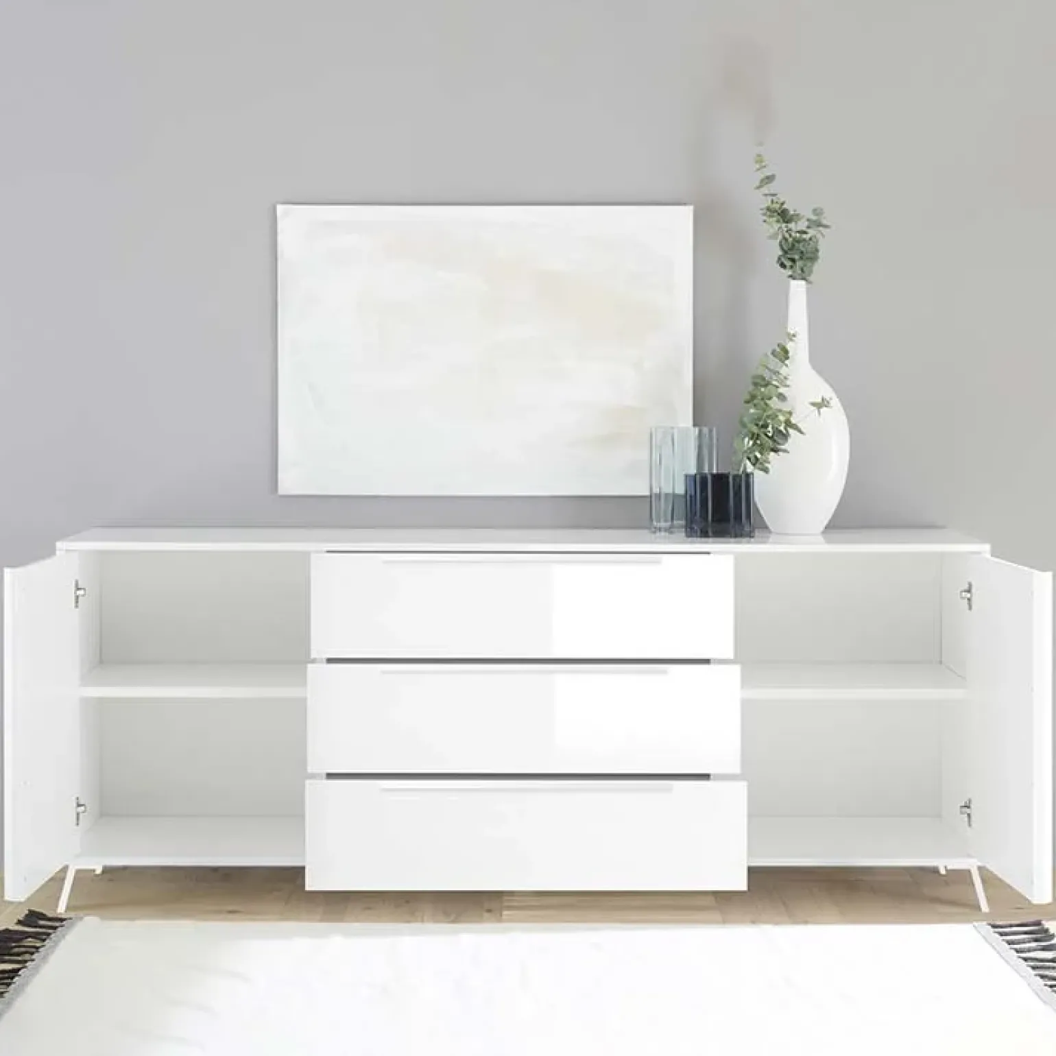 Madia 205x84h cm 2 ante 3 cassetti moderna bianco lucido Tosca