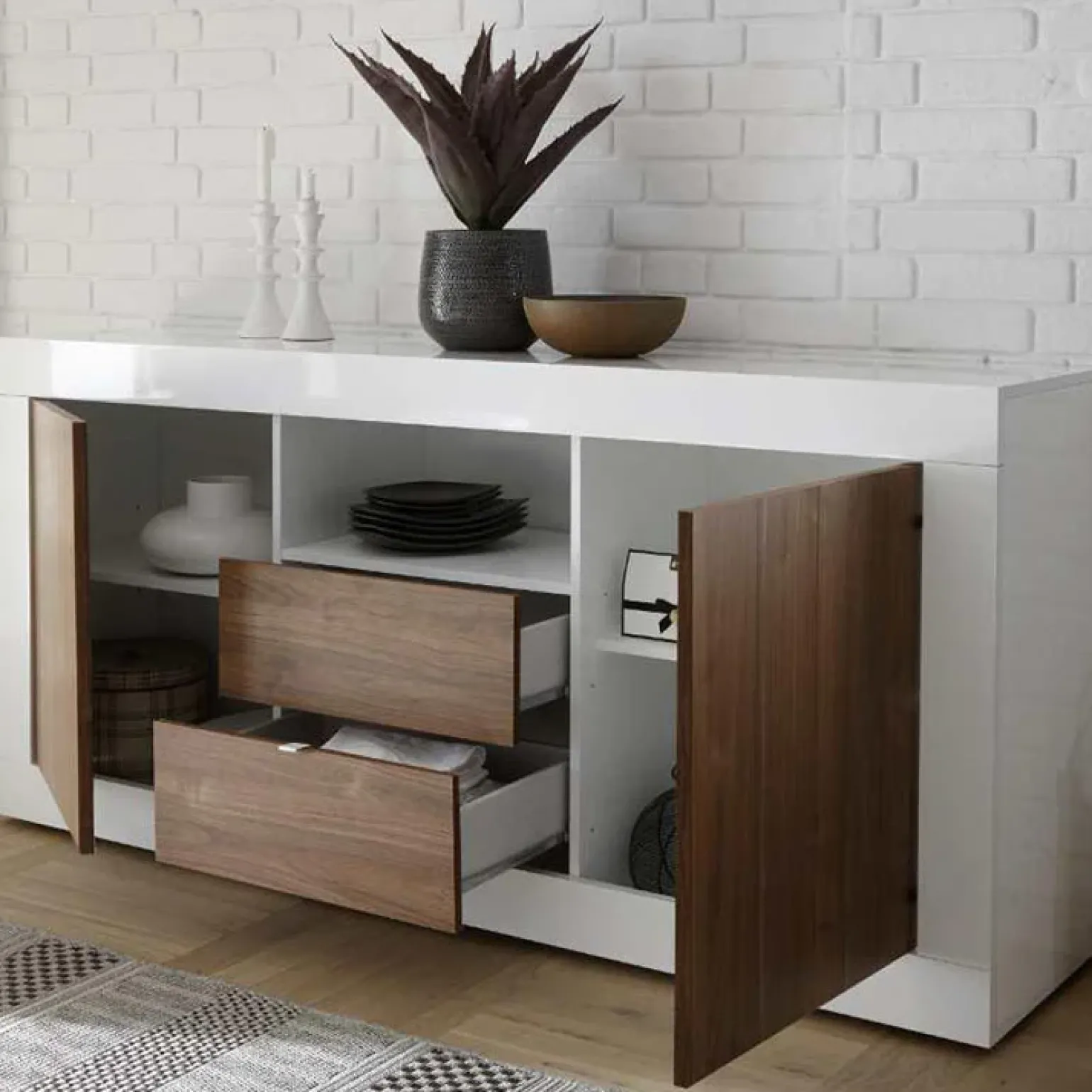 Madia 184x86h cm 2 ante 2 cassetti bianco lucido noce Florena