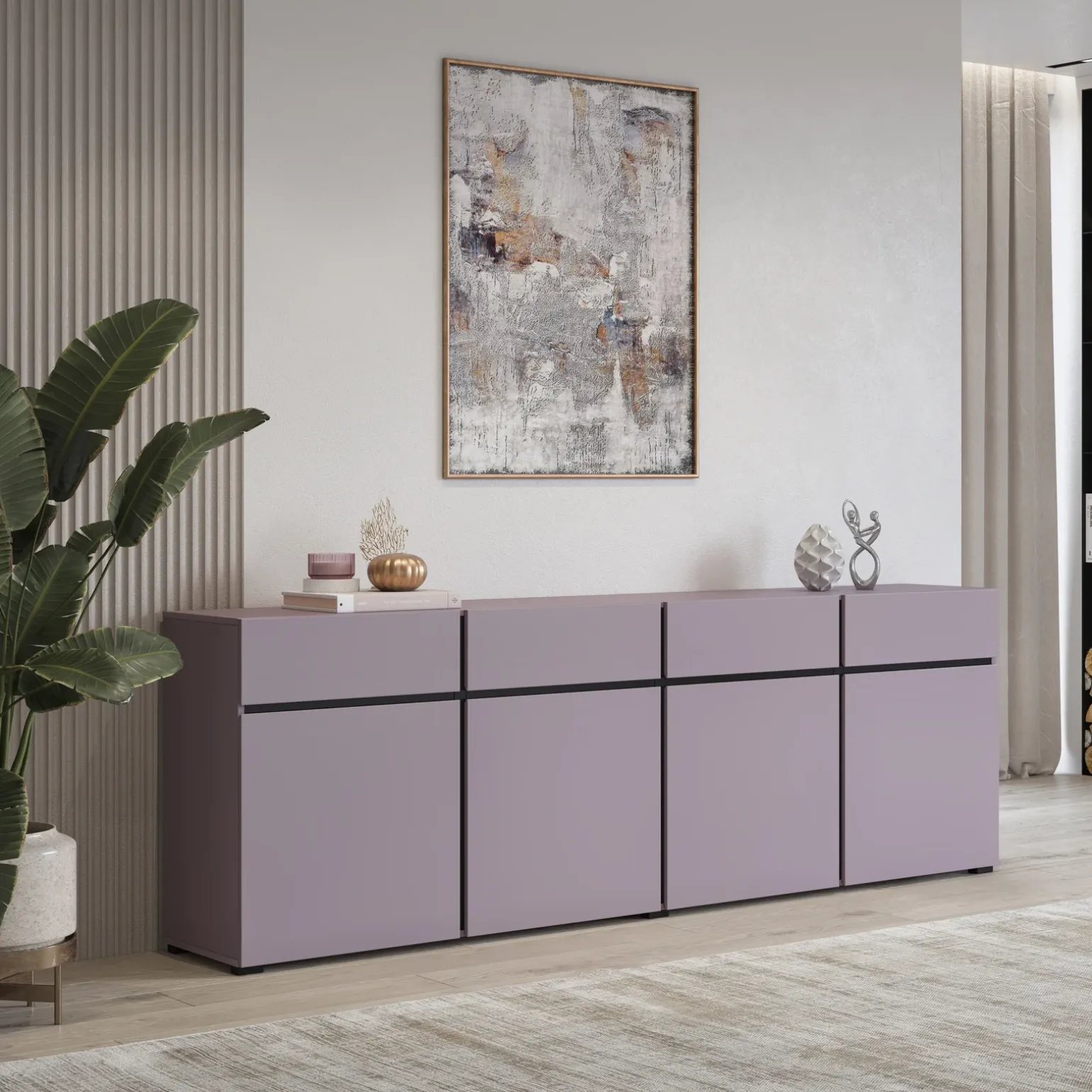 Madia 225x78h cm 4 ante 4 cassetti moderna lilla nero Lolla