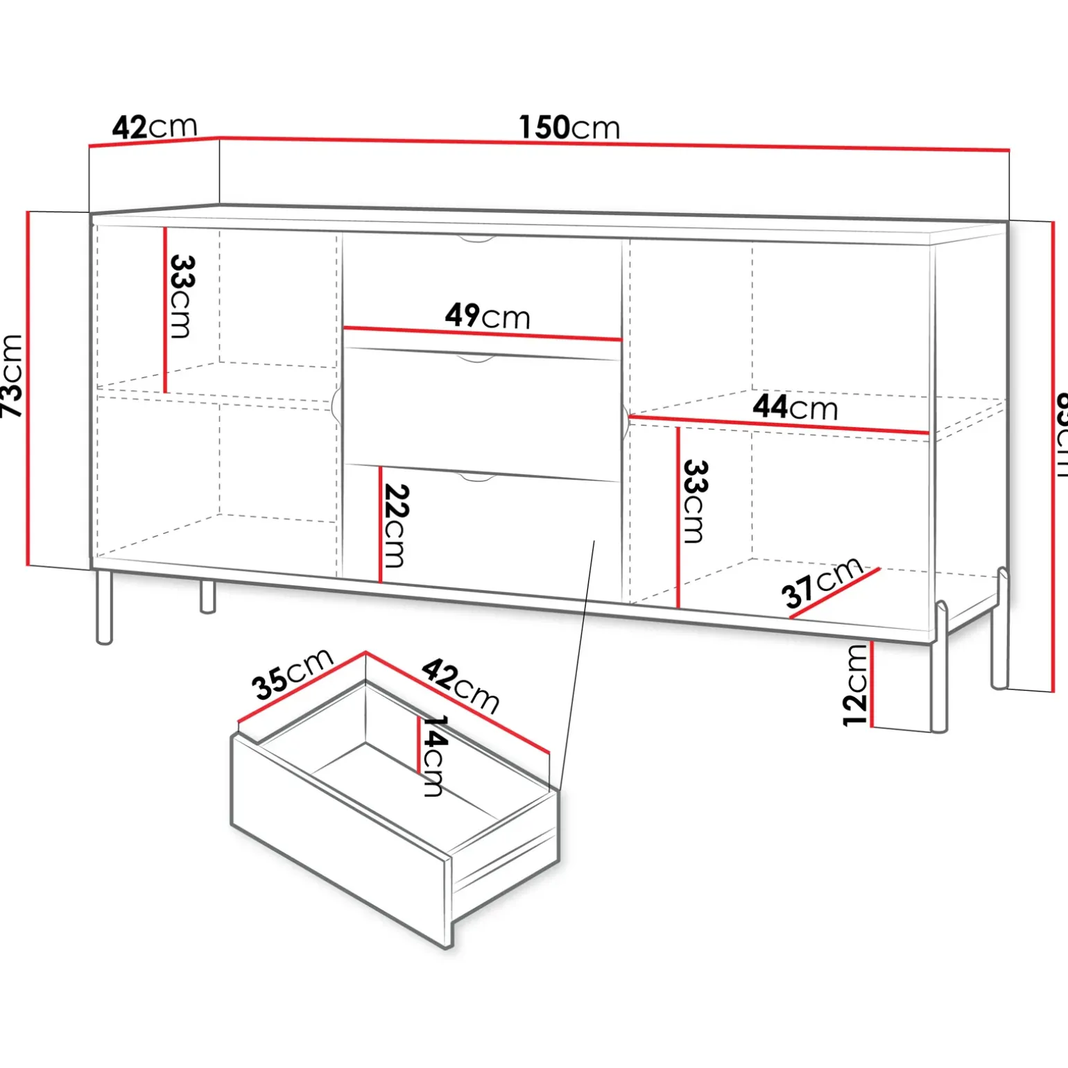 Madia 150x85h cm 2 ante 3 cassetti con frontali decorati bianco Amsterdam