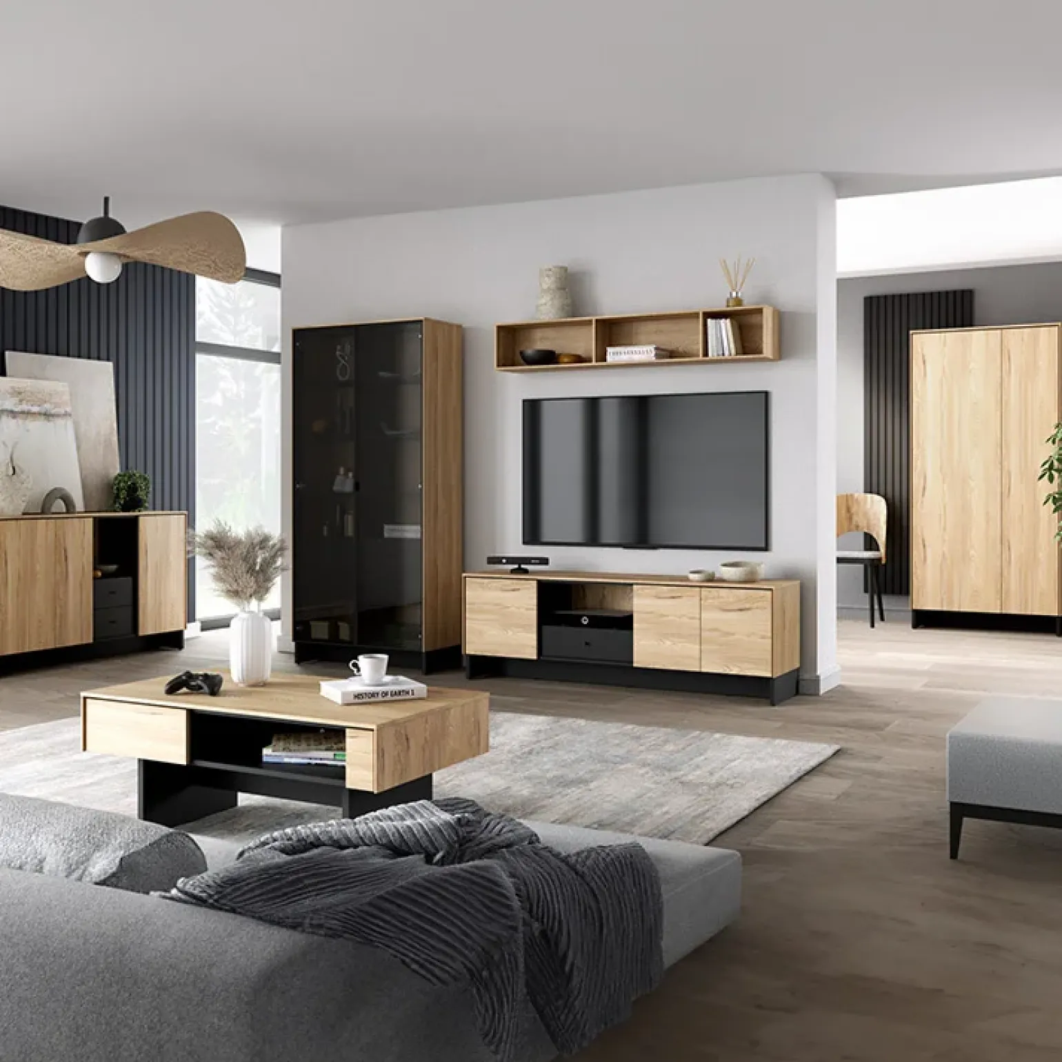 Madia 150x91h cm 2 ante 1 cassetto 1 vano giorno rovere nero Alabaster