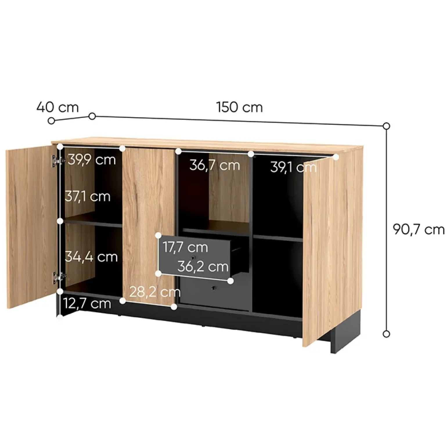 Madia 150x91h cm 2 ante 1 cassetto 1 vano giorno rovere nero Alabaster