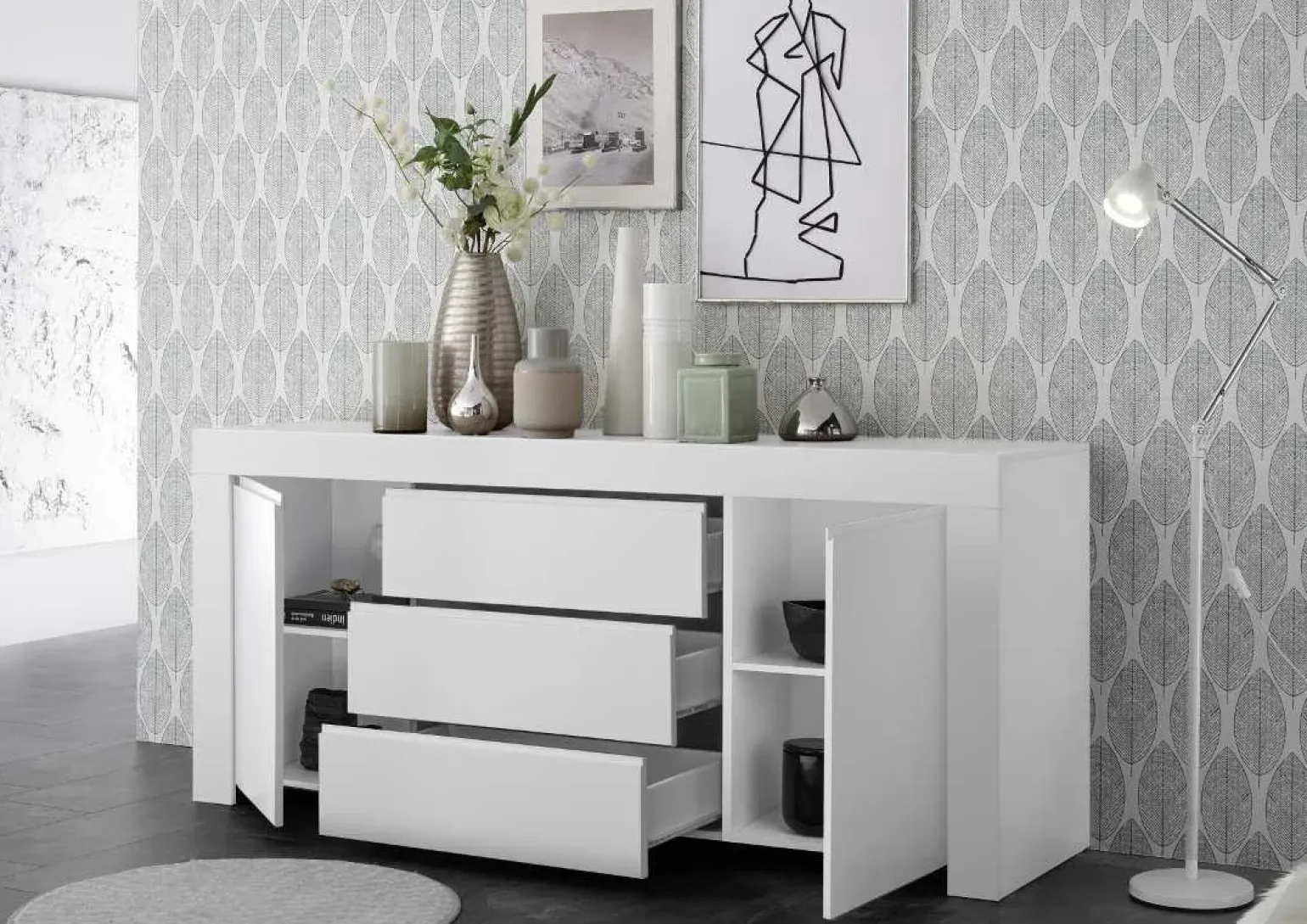 Madia 184x81h cm 2 ante 3 cassetti moderna bianco opaco Halston
